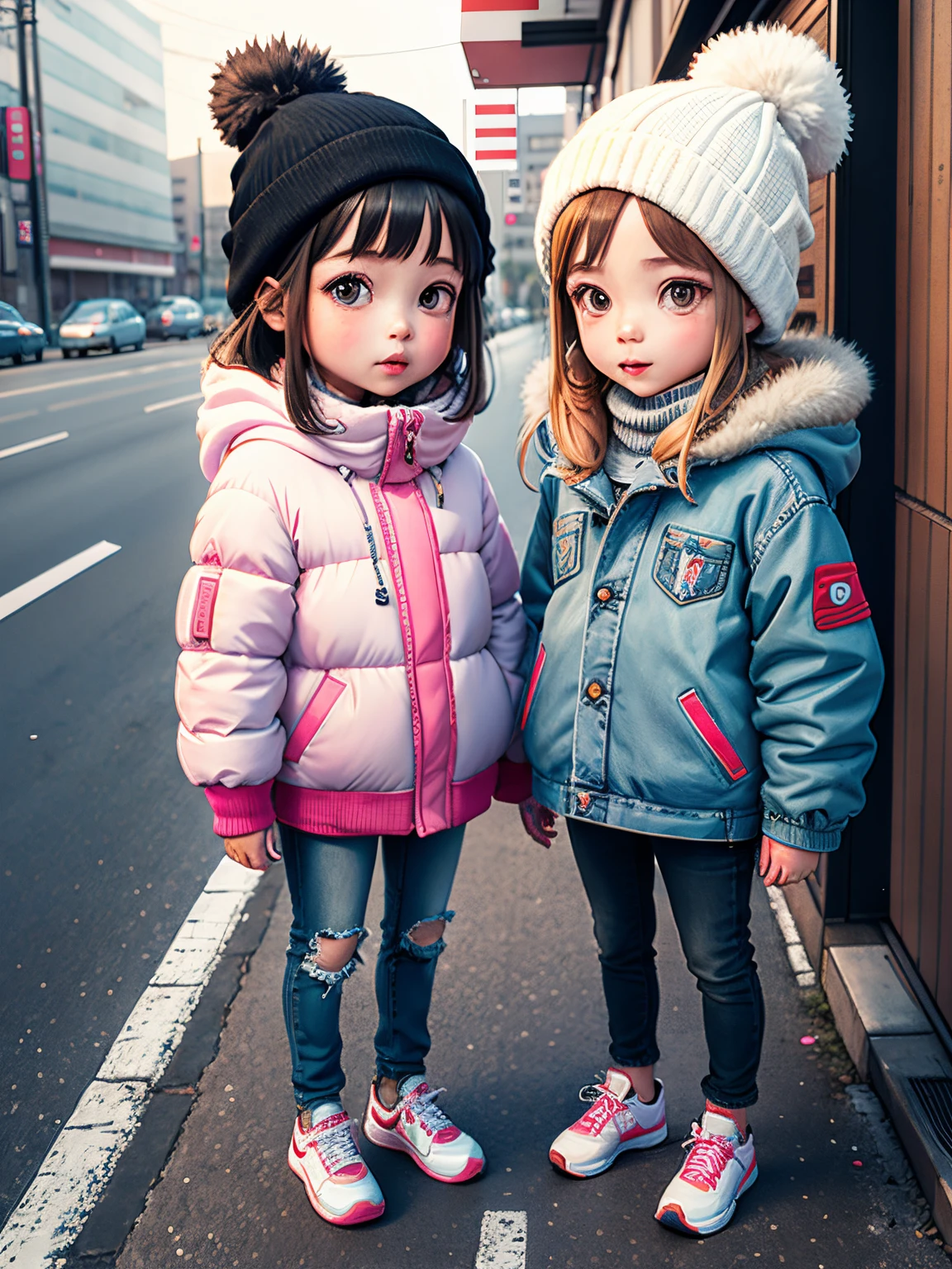 two two year old girls, Wear jeans with a winter jacket., Wear white Nike shoes., Standing on the road to Osaka, Japan, Adorable 3D rendering, Cute 3D anime boy rendering, Captivating detail digital art, stylized 3d rendering, 3D rendered 3D character art, cute digital painting, 3D anime style, super detailed rendering