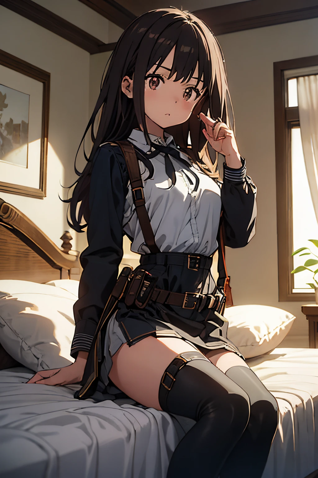 masterpiece、flat-colors、depth of fields、lens flare 1 girl、、Brown hair、watching at viewers black suspenders big breasts walls: Black miniskirt garters Gaze Small face bangss holster Belt Armament Beautuful Women srestrained hands up Lying in bed Leg holster lying on the bed