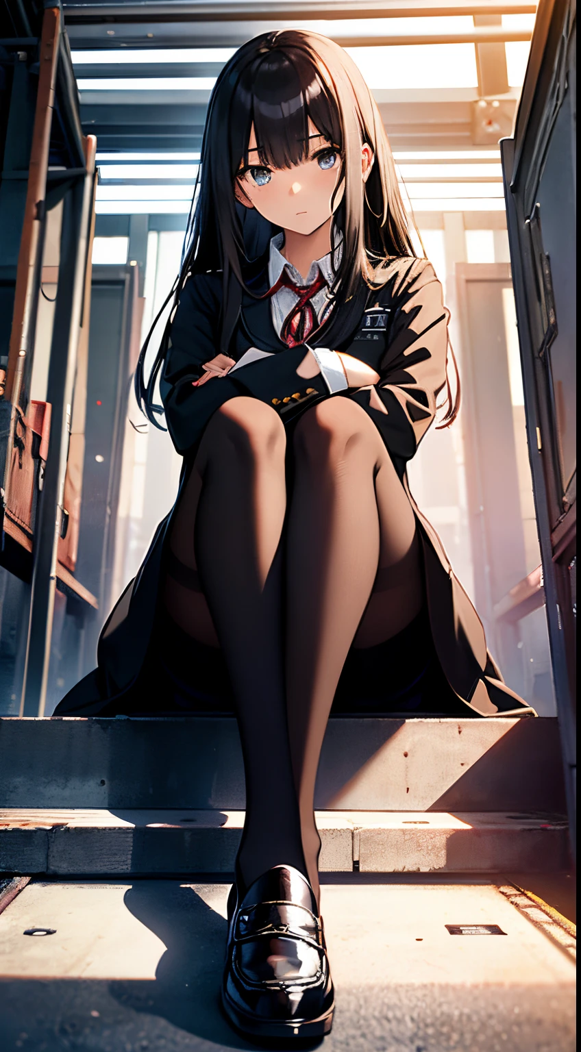A female Japanese high school student in uniform wearing black pantyhose and loafers is sitting with her legs crossed. legs looming over you, detailed legs towering over you, with a scornful glance, portrait of person