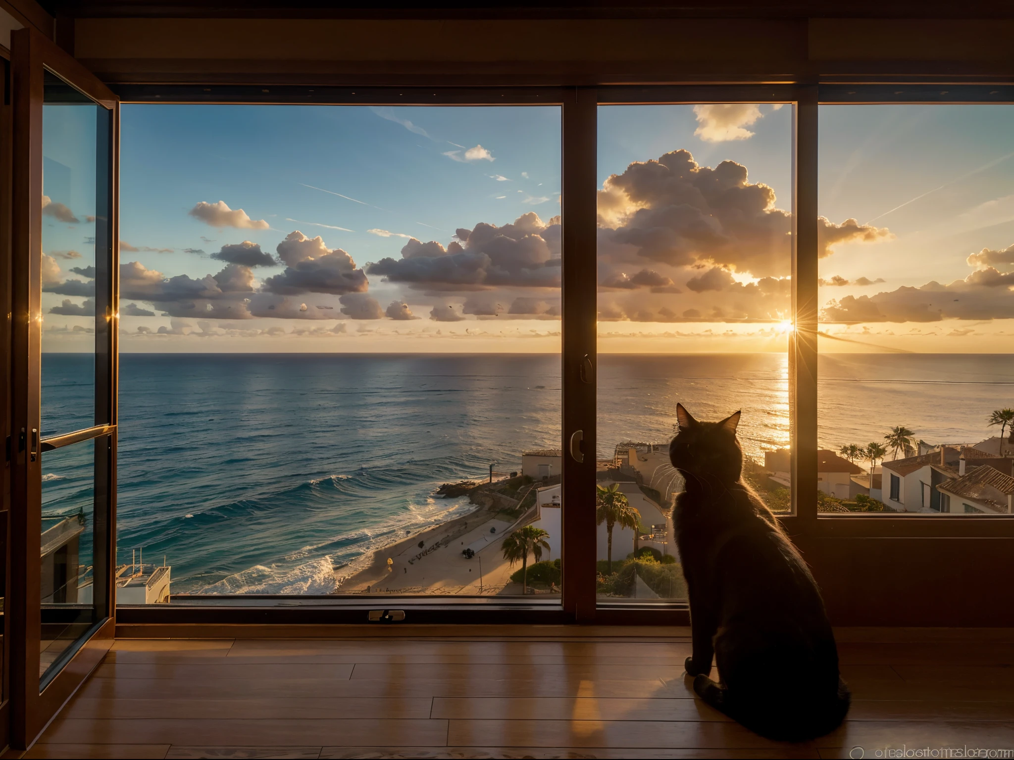Spain coast near the Mediterranean Sea, A black cat sits by the window and looks at the sea. Three palm trees are visible on the shore and sailing ships are floating in the sea. Sunset rays gently fall and illuminate the cat. Ultra realistic high resolution photography.