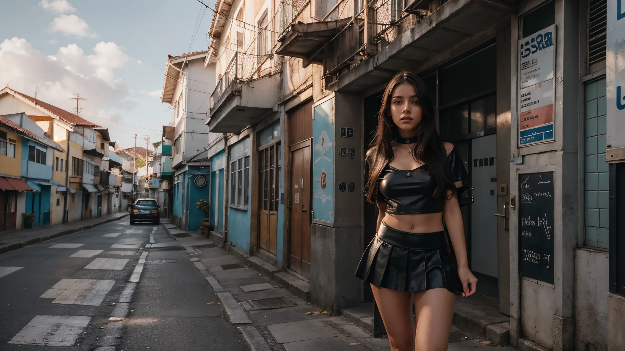 girl, menina bonita, 19 anos, loira platinada, nsfw, muito bonita, athletic, cabelos loiros, olhos azuis, red-lips, franja, usando uniforme escolar, saia plissada cinza clara muito curta, pernas grossas, pernas bonitas, cintura estreita, meias brancas de coxa, meias brancas acima dos joelhos, saia plissada muito curta, saia plissada muito curta skintight, cinza clara, mini-skirt, camisa branca de manga comprida, umbigo exposto, seios pequenos, mamilos rosados, porcelain skin, The girl is wearing a black leather choker, the girl is wearing a school uniform, meias brancas de coxa The girl is standing on a street in a cyberpunk city, sob o sol do meio dia, the girl is wearing light fabric clothes