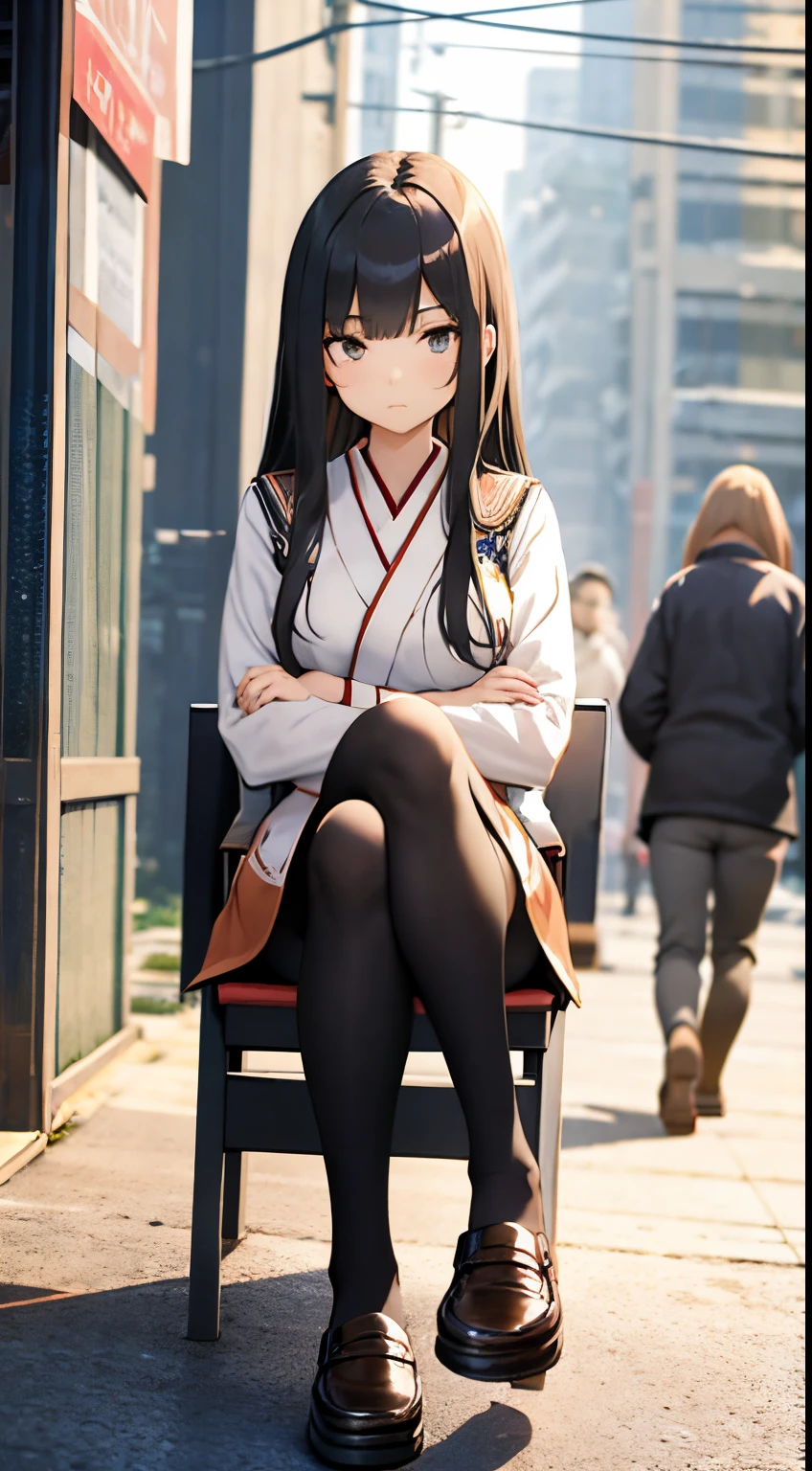 A female Japanese high school student in uniform wearing black pantyhose and loafers is sitting with her legs crossed. legs looming over you, detailed legs towering over you, with a scornful glance, portrait of person