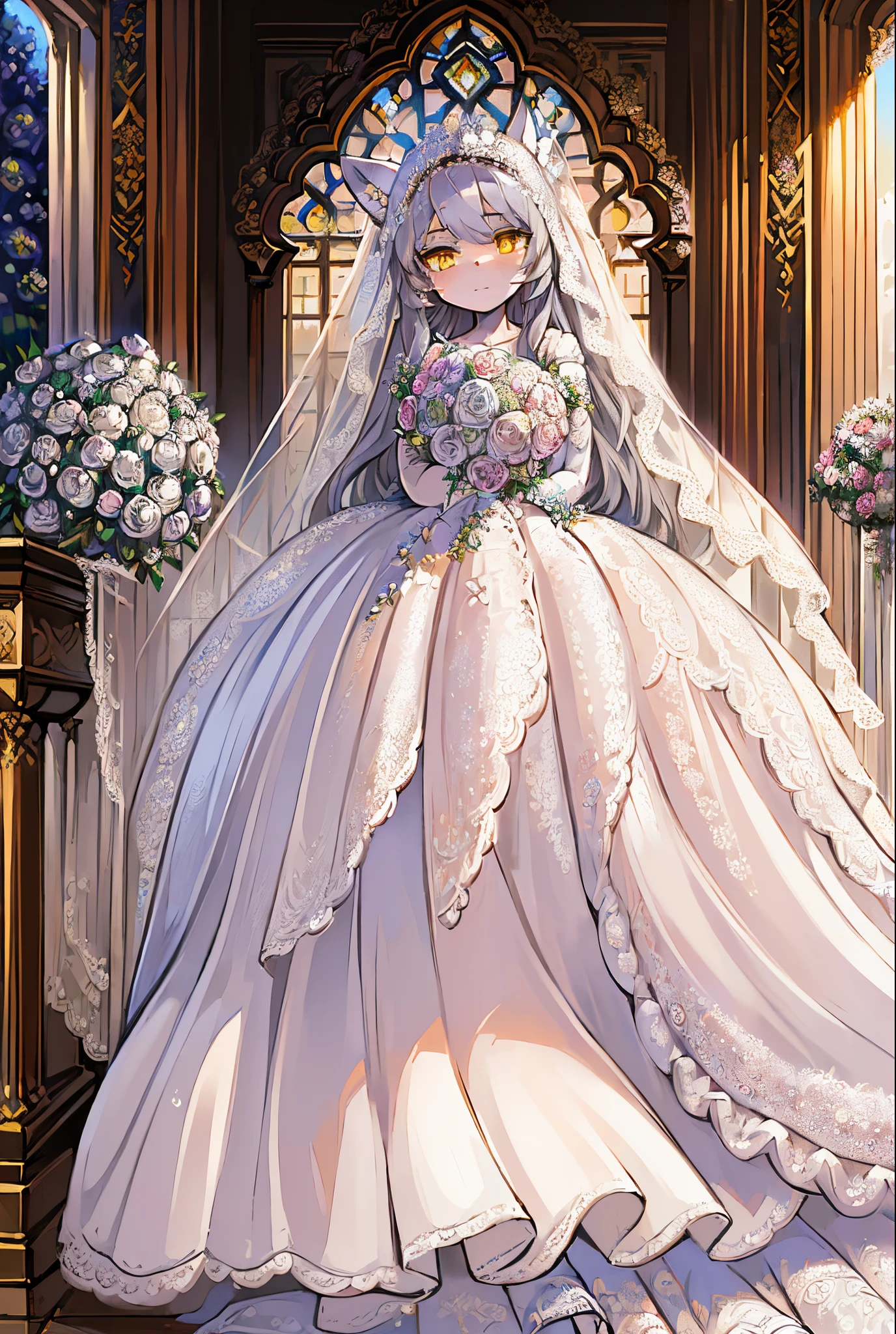(,character_focus:1.1),masterpiece, high quality, absurd res, digital painting \(artwork\),(Humanity,girl,Wolf ears,gray hair, fluffy tail:1.2),(gray blue hair:0.8),long hair,yellow eyes, bright eyes,panorama,solo,character focus.detailed background,(bride, wedding dress, bouquet,:1.3)