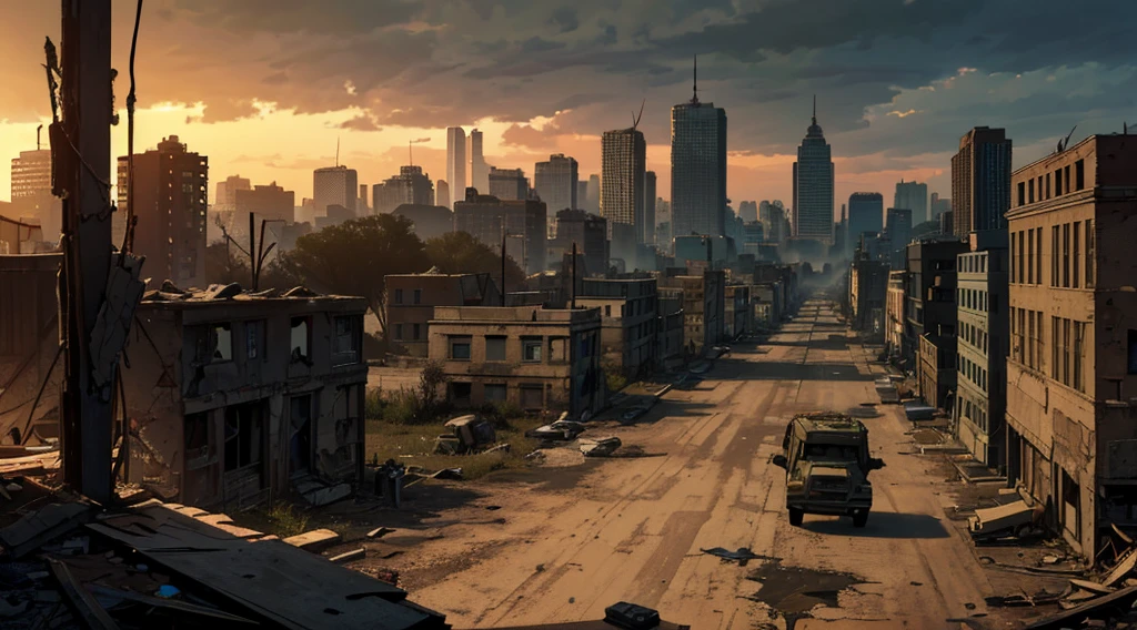 (best quality, highres, masterpiece:1.2), deserted and ravaged, New York, survivors camp, defending positions, survivors patrolling territory, (zombies chasing people:1.25), fortified base, post-apocalyptic ruins, abandoned buildings, shattered windows, crumbling facades, overgrown foliage, decaying streets, faded graffiti, armed guards, barbed wire fences, watchtowers, barricades, burnt-out vehicles, makeshift shelters, survivors banding together, caution and fear in their eyes, tense atmosphere, eerie silence, distant growls and moans, dust-filled air, desolate landscape, haunting beauty, rays of sunlight breaking through clouds, remnants of civilization, signs of struggle and survival.