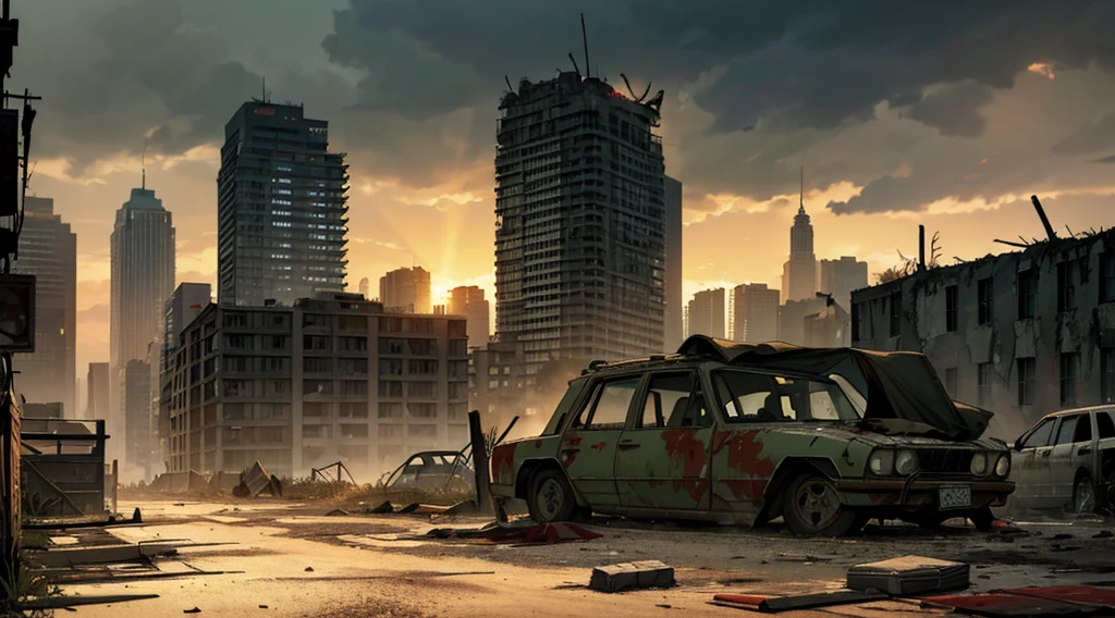 (best quality, highres, masterpiece:1.2), deserted and ravaged, New York, survivors camp, defending positions, survivors patrolling territory, (zombies chasing people:1.25), fortified base, post-apocalyptic ruins, abandoned buildings, shattered windows, crumbling facades, overgrown foliage, decaying streets, faded graffiti, armed guards, barbed wire fences, watchtowers, barricades, burnt-out vehicles, makeshift shelters, survivors banding together, caution and fear in their eyes, tense atmosphere, eerie silence, distant growls and moans, dust-filled air, desolate landscape, haunting beauty, rays of sunlight breaking through clouds, remnants of civilization, signs of struggle and survival.