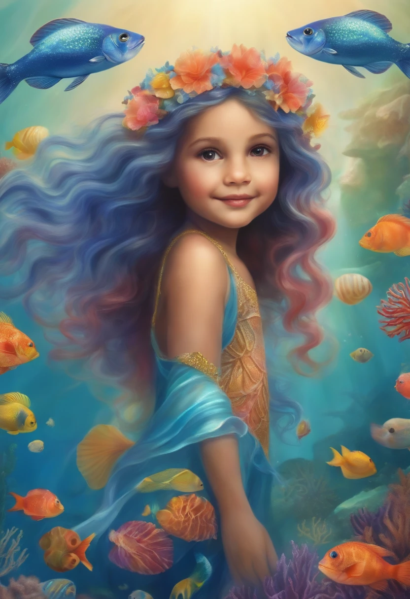 Realistic illustration of the Sea Princess, colorful aquatic creature. This is a 5  girl with long blue hair., shimmering like sea water, and rainbow fish scales on the arms and legs. On her head is a wreath of coral and shells. She is surrounded by colorful fish and starfish, and in the background there is an underwater world with coral reefs and shining algae.