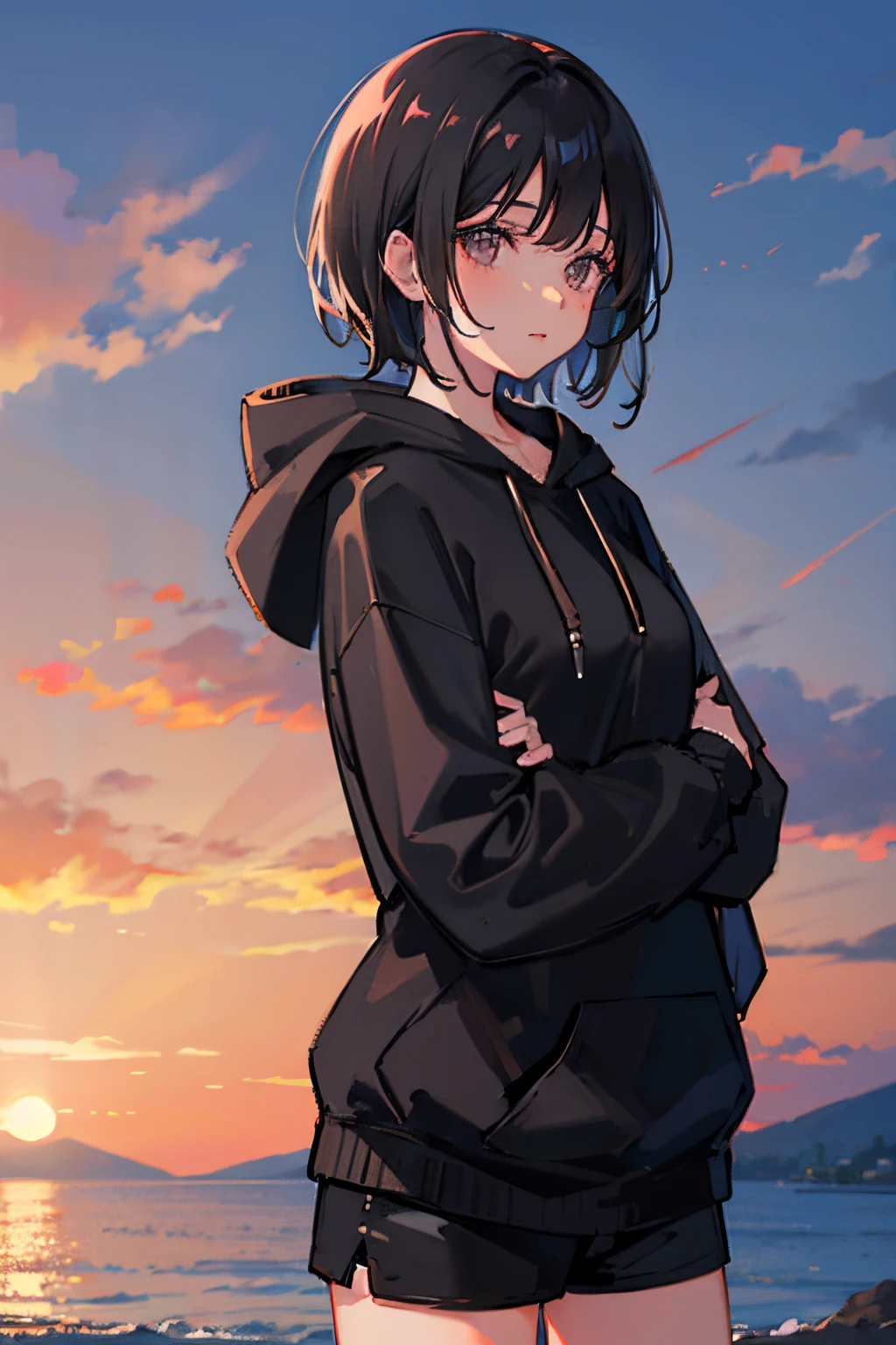 Black short haired girl, beautiful, sunset, black hair, Hoodie, Scenic background