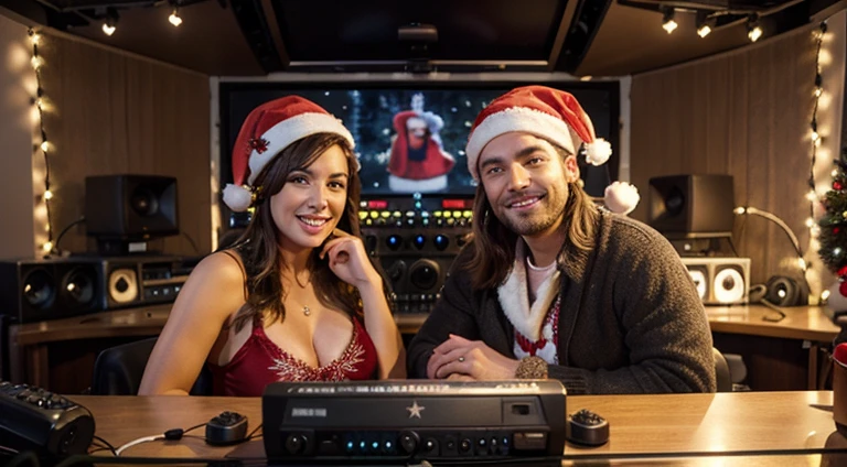 realistic radio studio with christmas decoration where there is a sexy man and woman in christmas hat