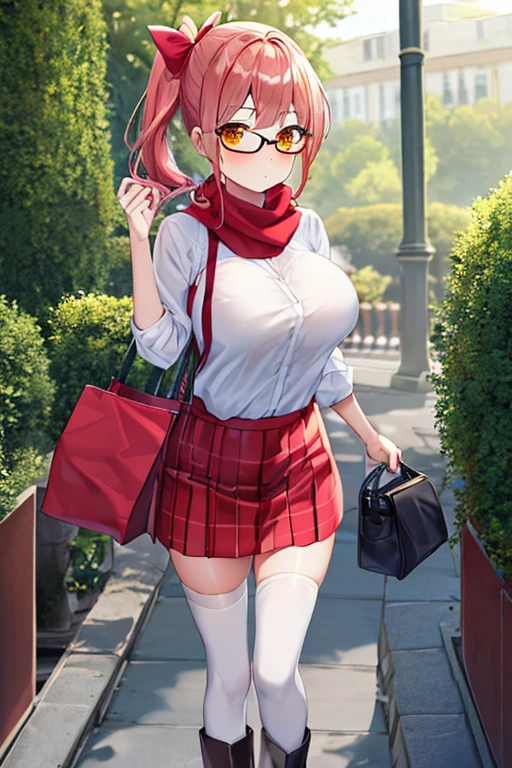 A girl with long pink hair, a side ponytail, orange eyes, big breasts, wearing casual clothes, including a white shirt, a red skirt, a hair bow, white-framed glasses, an orange scarf, wearing black thighhighs and black boots, with a bag. (best quality, detailed clothes, detailed hair, full body)