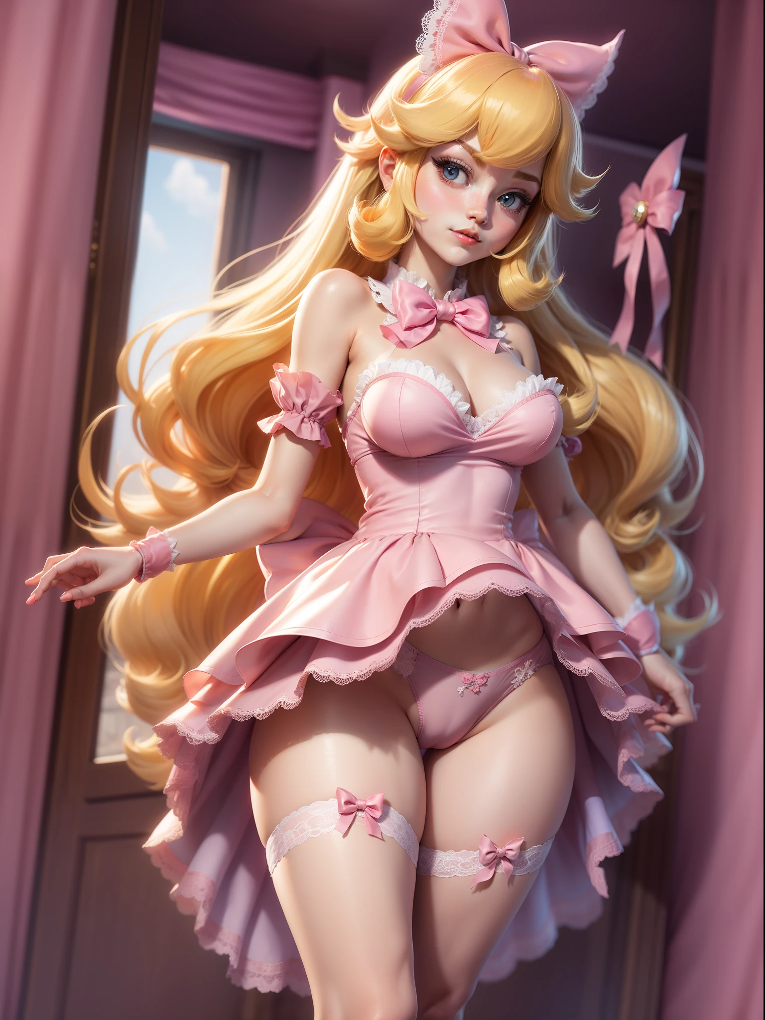 1girl in, PrincessPeach, Solo, Long hair, Pink dress, Looking at Viewer, mario castle background, Yellow hair, Simple background, Blue eyes, Lips, Closed mouth, bow ribbon, Hair Ribbon, large full breasts、、Standing、full body Esbian、low angles、(up skirt)(See-through panties)、(Highly detailed lace panties)、(Camel toe through panties)(I can see panties)、Through the pantiesオマンコ、 through the dress