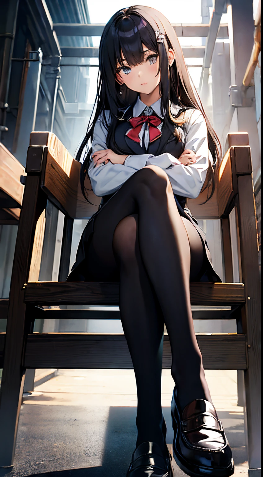 A Japanese high school girl in a uniform wearing black pantyhose and loafers sits with her legs crossed. legs are coming towards you, detailed legs towering over you, with a contemptuous look, Portrait of a person