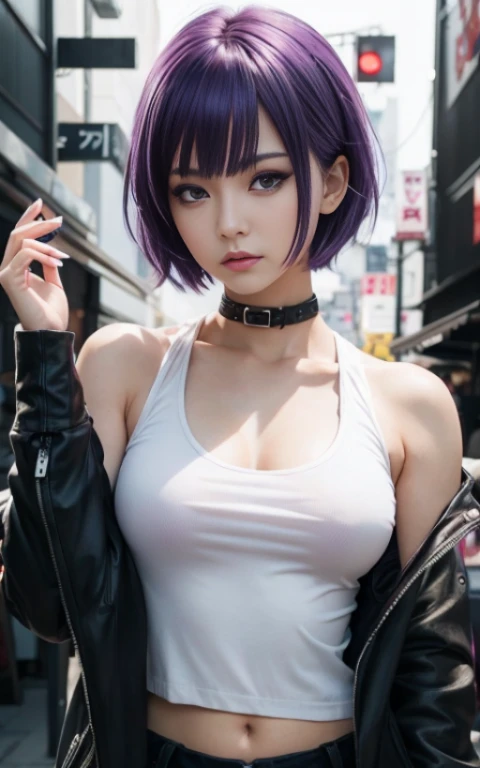 real Life adaption of this character,her name is Ts kiyara from anime , purple hair, hyper realistic , short hair, very realistic detailed hair, high resolution, photorealistic,very detailed,very realistic outfit, Japanese face,detailed shining eyes, calm expression,realism,