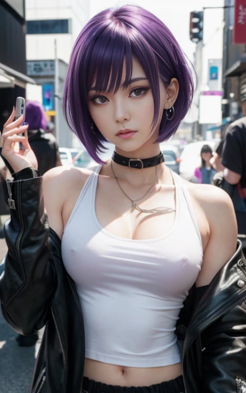 real Life adaption of this character,her name is Ts kiyara from anime , purple hair, hyper realistic , short hair, very realistic detailed hair, high resolution, photorealistic,very detailed,very realistic outfit, Japanese face,detailed shining eyes, calm expression,realism,
