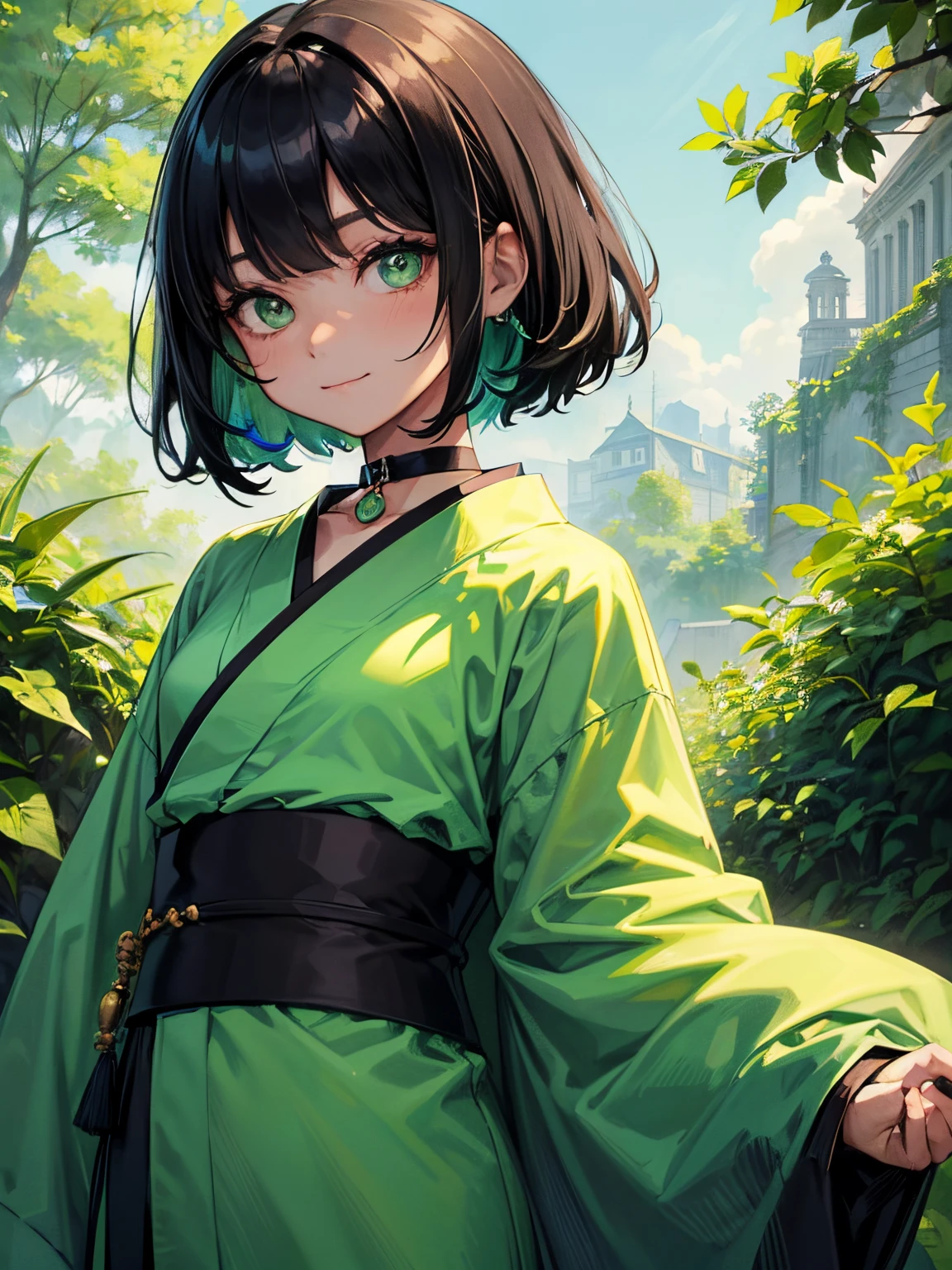 verdant、high-level image quality、Pattsun bangs、Black hair short bob、Kawaii Girl、Green eyes、Choker around the neck、Kimono、Dark Tone、A slight smil, Vibrant colors、The upper part of the body, Delicate drawing、