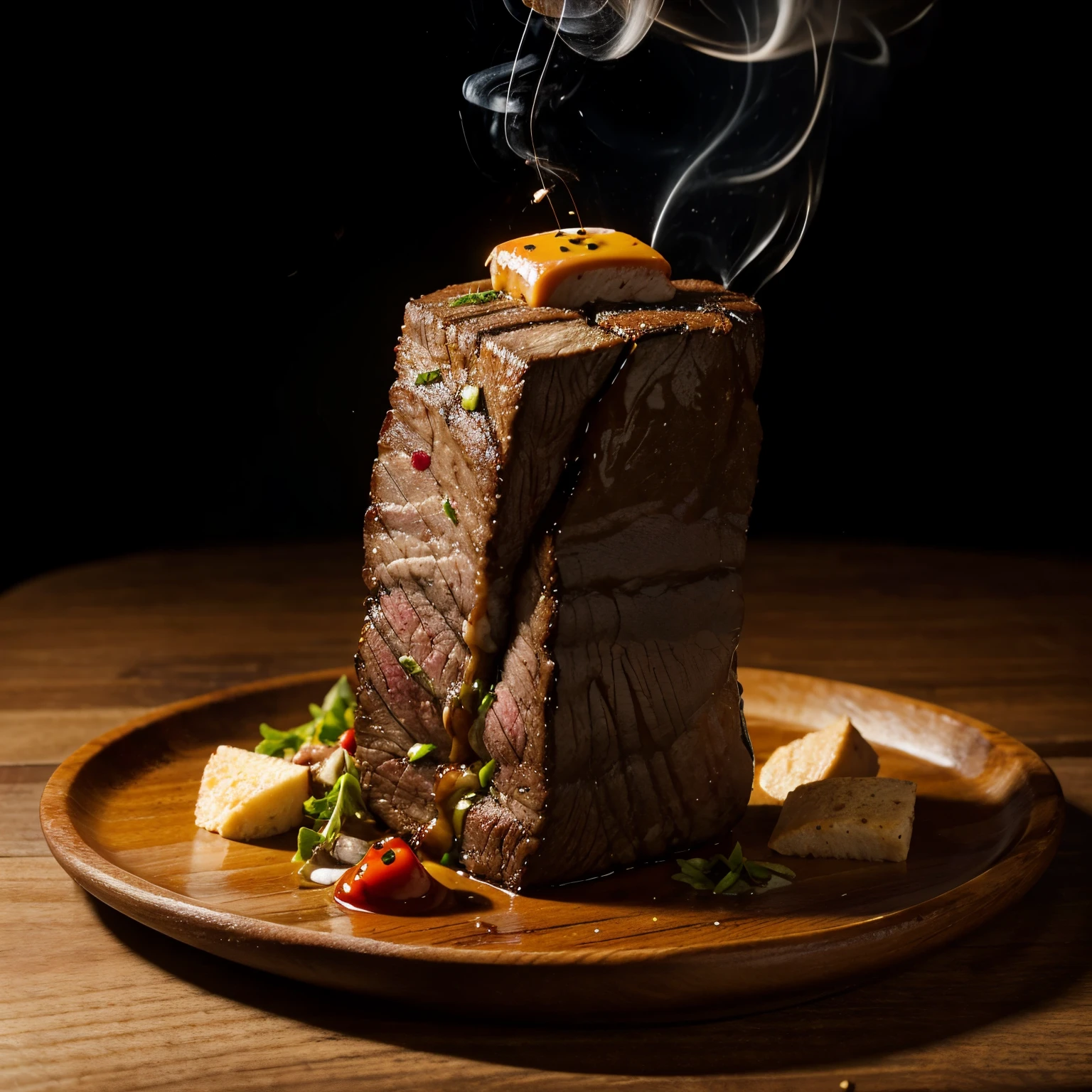 Photo of beef steak cut into pieces placed on a wooden plate There was smoke rising. There are condiments placed next to the plate, a black background, very sharp.