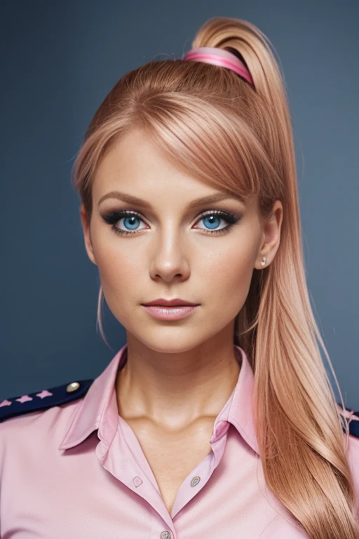 Petite 30 year old police woman with light strawberryblonde hair in a ponytail and striking blue eyes wearing eye liner, pink lips, in a blue police uniform, detailed face
