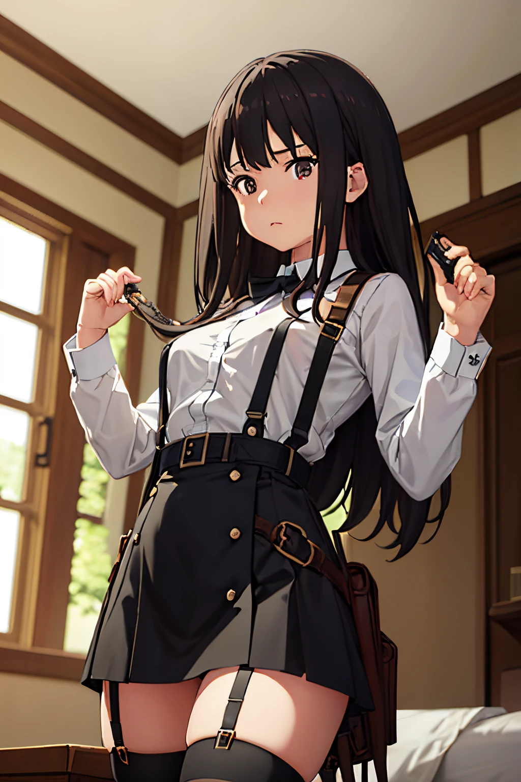 masterpiece、flat-colors、depth of fields、lens flare 1 girl、、Brown hair、watching at viewers black suspenders big breasts walls: Black miniskirt garters Gaze Small face bangss holster Belt Armament Beautuful Women srestrained hands up Lying in bed Leg holster lying on the bed