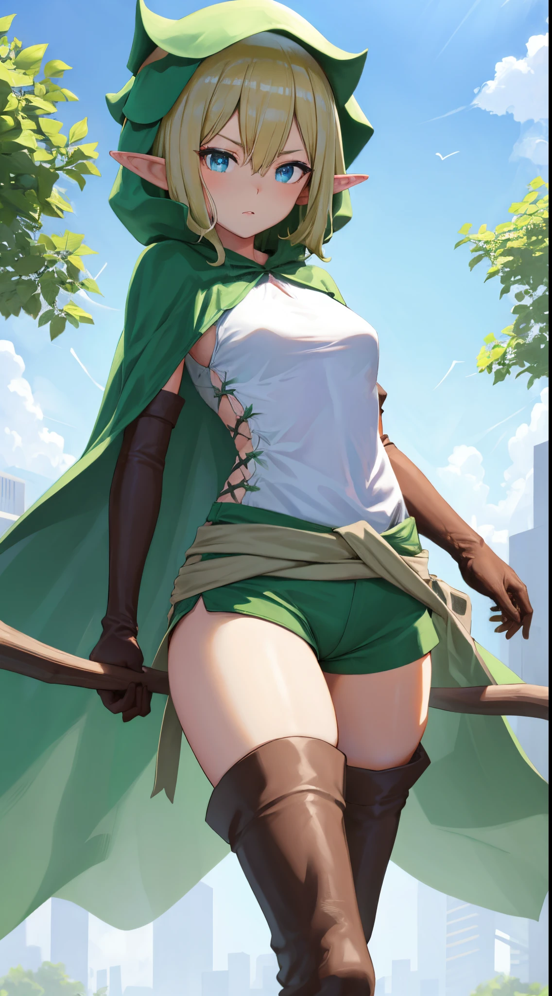 masterpiece,highest quality,anime,2D,Detailed face,
One girl, alone, thigh boots, Pointed Ears, gloves, boots, Green Hair, forest, Brown footwear,whole body, blue eyes, Fairy, elbow gloves, brown gloves, Cape, short hair, Green underwear, Are standing, View Viewer, green Cape, shirt,