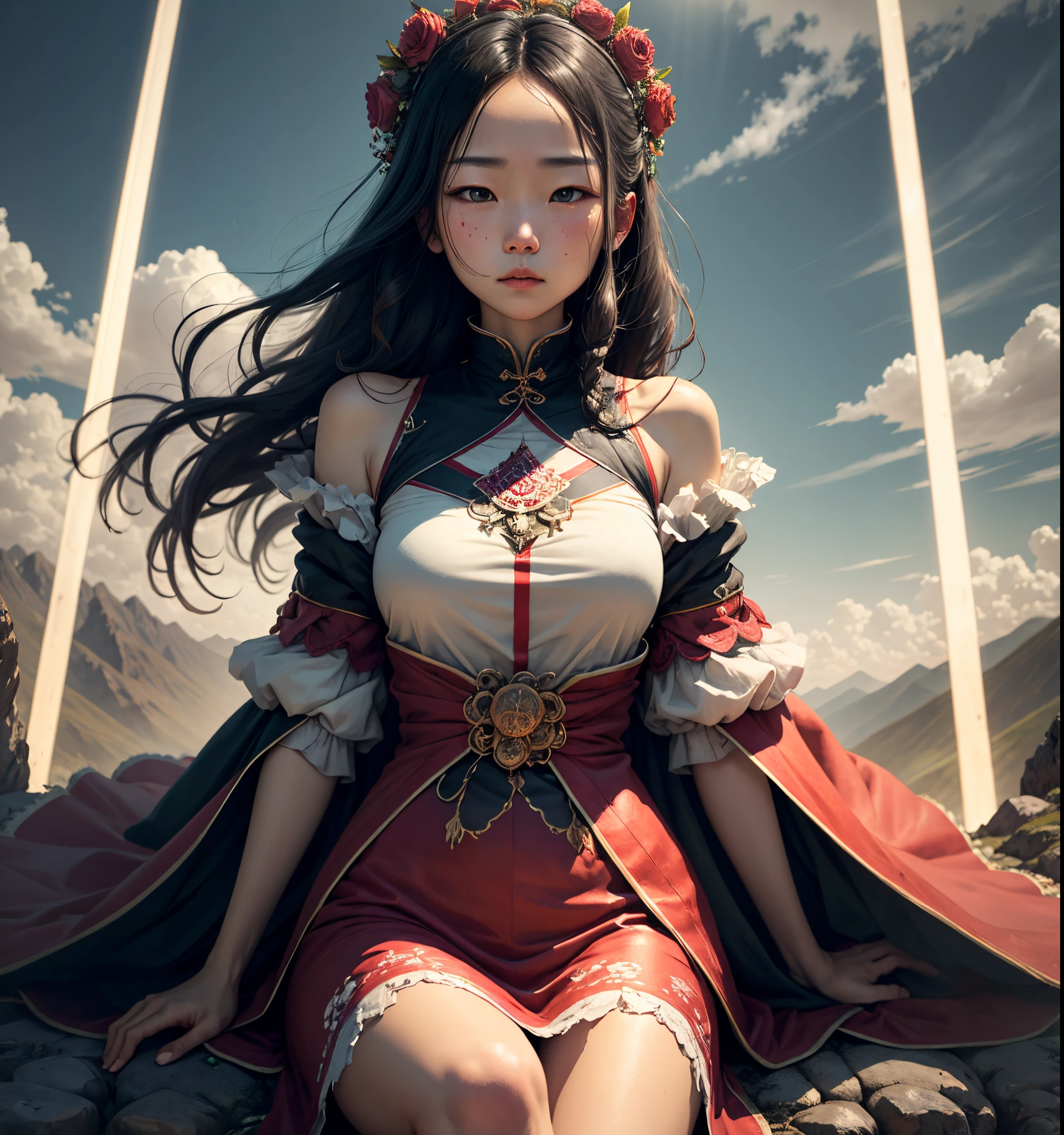 heaps of corpses、Top of the mountains、Woman in the back、tatteredclothing、Light coming in from above、gentle wind