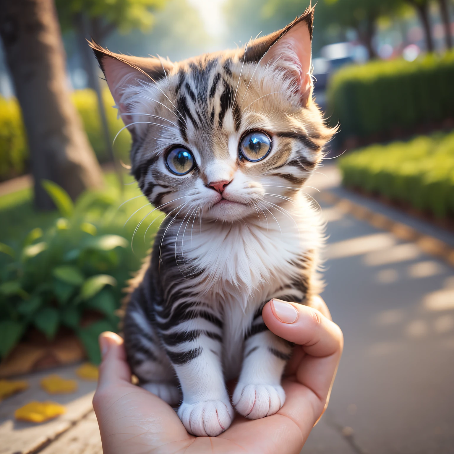 small cute cat in human hands