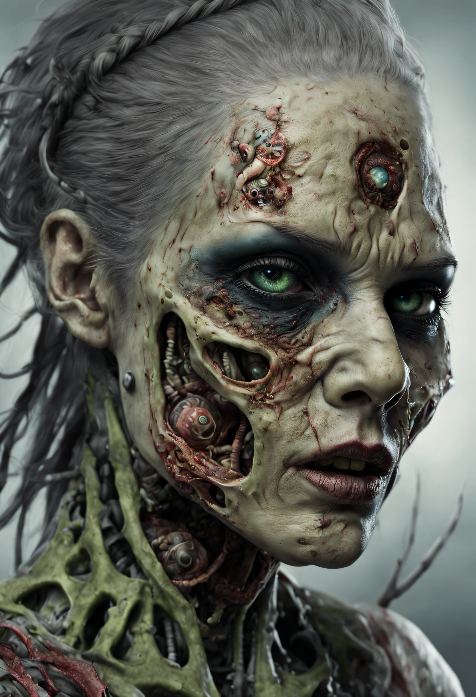A gorgeous biomechanical zombie realistic woman, highly detailed and textured. It's very realistic and impressive, fantastic color