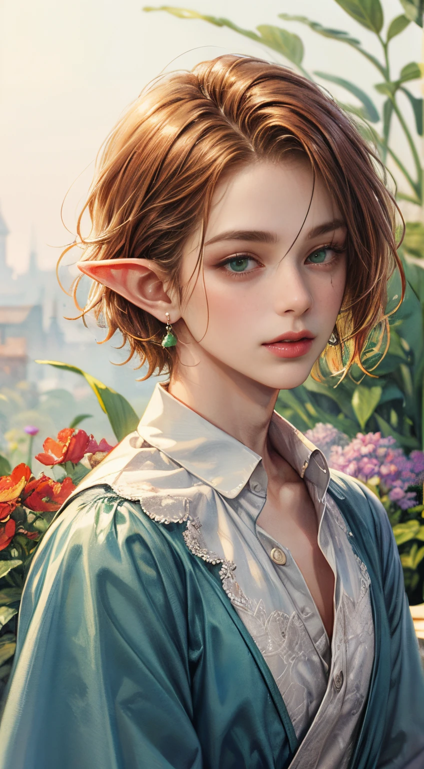 (watercolor paiting: 1.2), beautiful elf prince, flower, hitornfreckles, Bangs, innocent redhead, Short hair, Green eyes, hair between eye, Flower earrings, Blurred background, high resolution flower garden