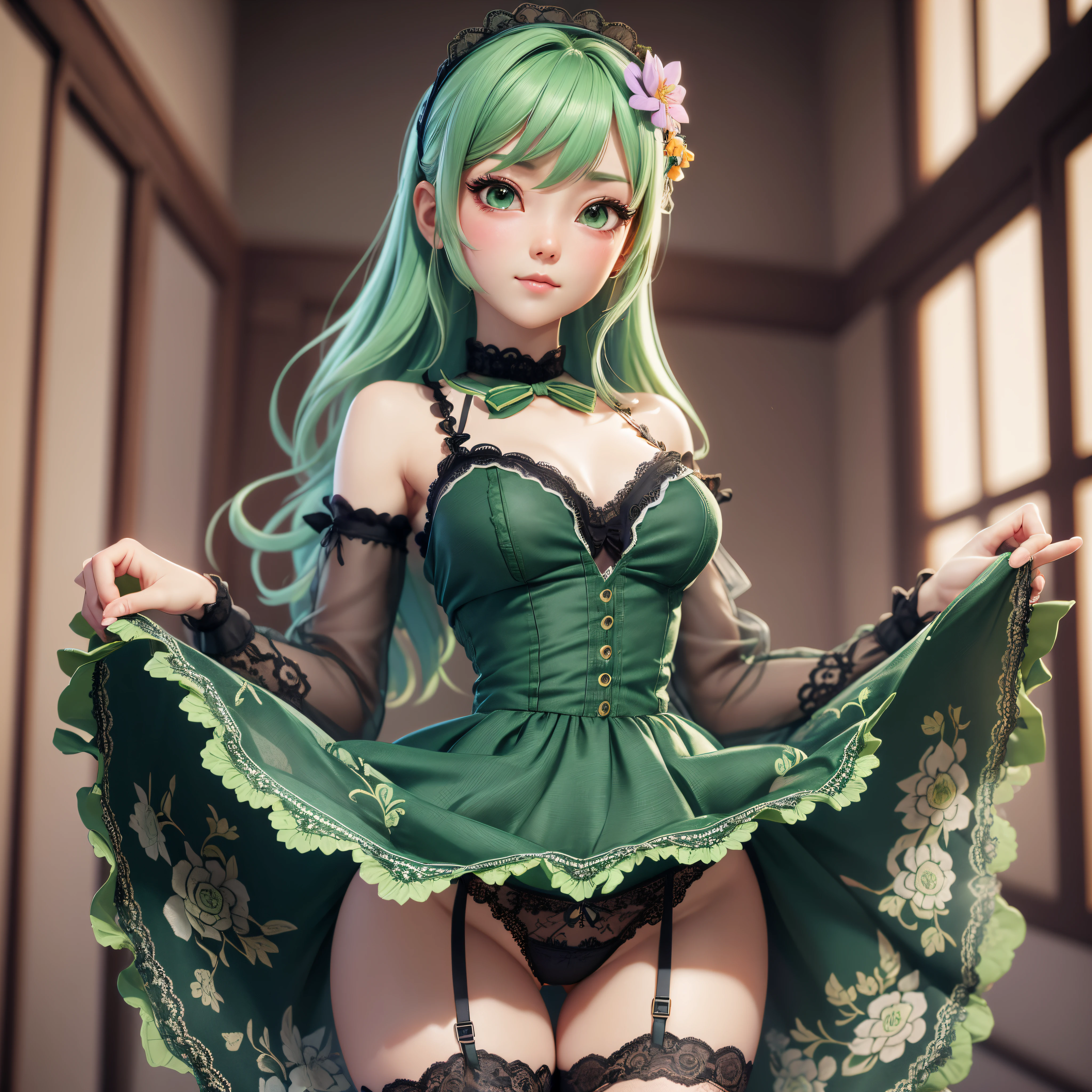 3DMM Style, (masutepiece, Best Quality), Intricate details, 1girl in, Solo, Green hair, flower hair clip, Green dress, Looking at Viewer、Full-body figure、simple background、Standing、(skirt rift)、(Skirt lift in high winds)、(Lace pantie)、((all lace panties))、Detailed lace panties、(I can see my panties)、((The pants are quite transparent))、((Through the pantiesオマンコ))、Very realistic body、(extremely lifelikeオマンコ)、 Through clothes