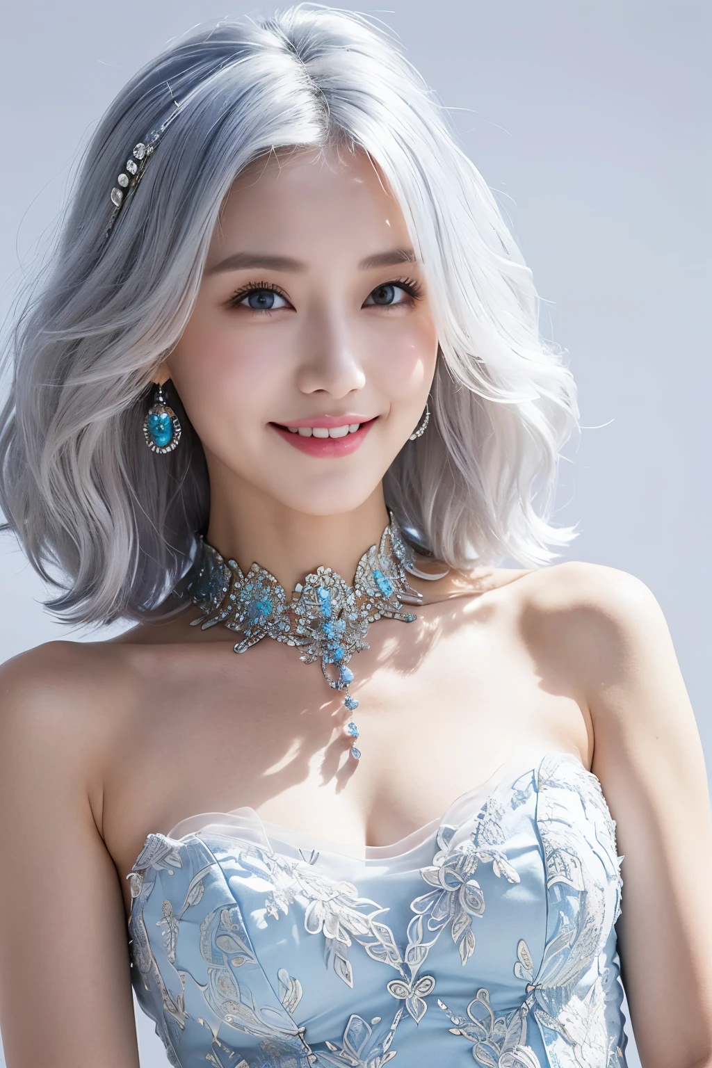 (extra detailed body、extra detailed face、best qualtiy:1.2)、femele、looking at the viewers、(White hair、a blue dress、Fancy accessories、makeups、A smile)、