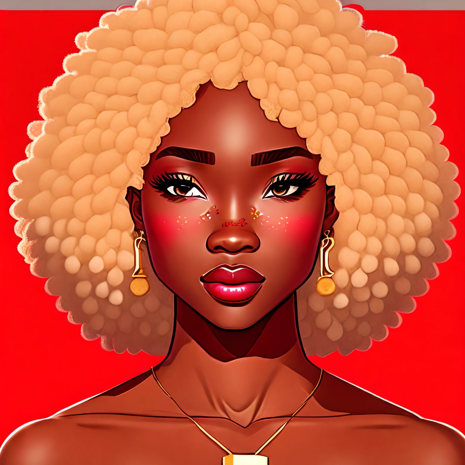 blonde afro hair,There's a bill in the middle of my head,ENMA is written vertically on the bill.,bright red skin,Large mole on the right side of the nose,big earrings in ears