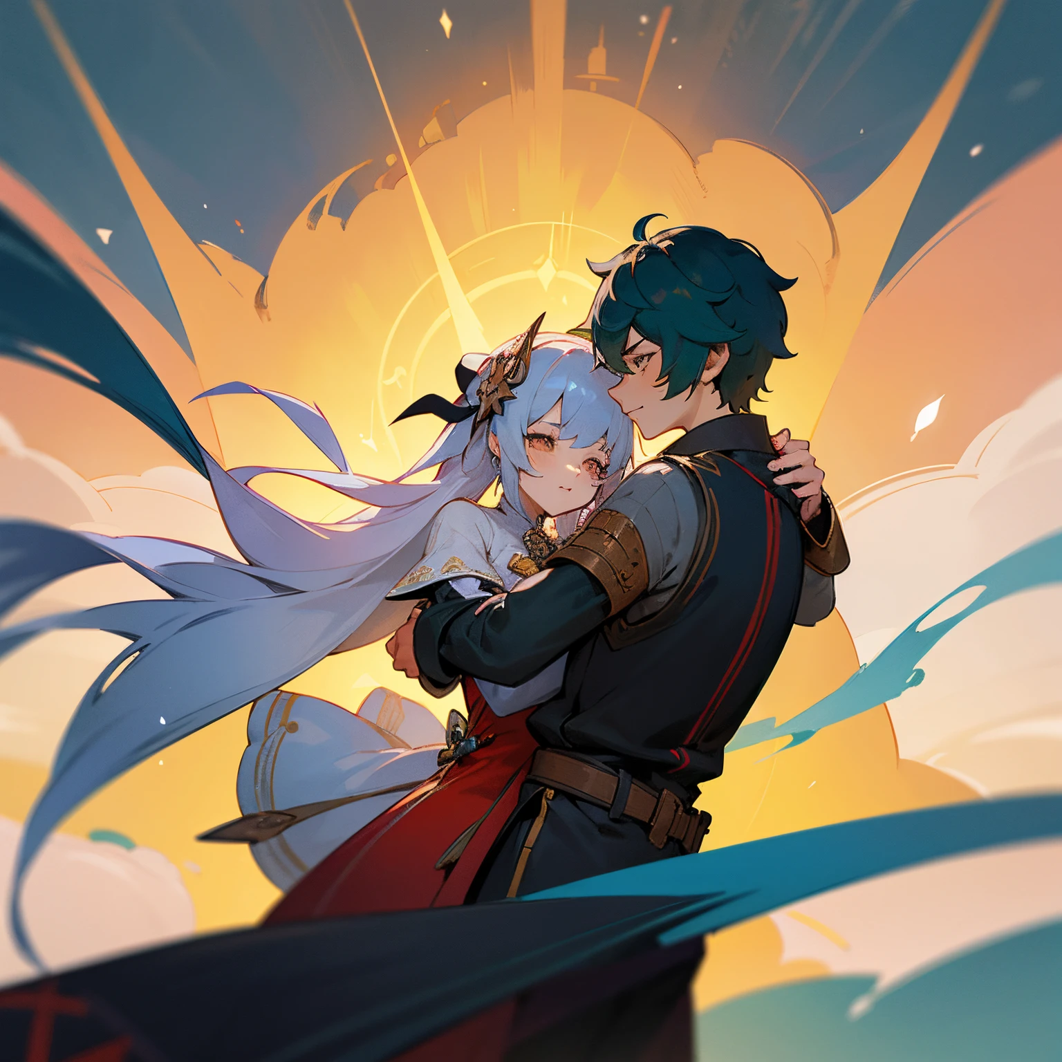 “Generate an image that represents a couple in a medieval style inspired by the video game &#39;Genshin Impact&#39;. The couple consists of a husband and wife dressed in typical medieval outfits.. Use elements of the &#39;Genshin Impact&#39; aesthetic to give a unique touch to the image, como la arquitectura, los paisajes o los colores vibrantes presentes en el juego. “Be sure to capture the romantic and adventurous essence of the couple in this visual representation.”.