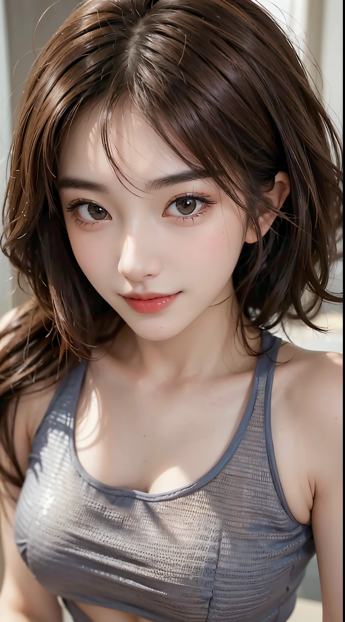 ((Beauty like a model)), Japan Girl,1人,​masterpiece, The highest image quality, ultra-detailliert, (perfectbody:1.2), ((Perfect face+Brown hair)), Close up of, short wavy hair,Viewer's Perspective, detailed hairs、Detailed eyes(realisticeyes),profetional lighting,middlebreasts,(Brown eyes),slenderbody,adult lady,About 28 years old,glamor,kindly smile,Half Girl,Lashes,二重まぶた,Tank Tops,Raw photo,Sexy lips,lovely smile,she smiles with a crumpled face,Navel Fashion,abdominals,Constriction,Beautiful back,