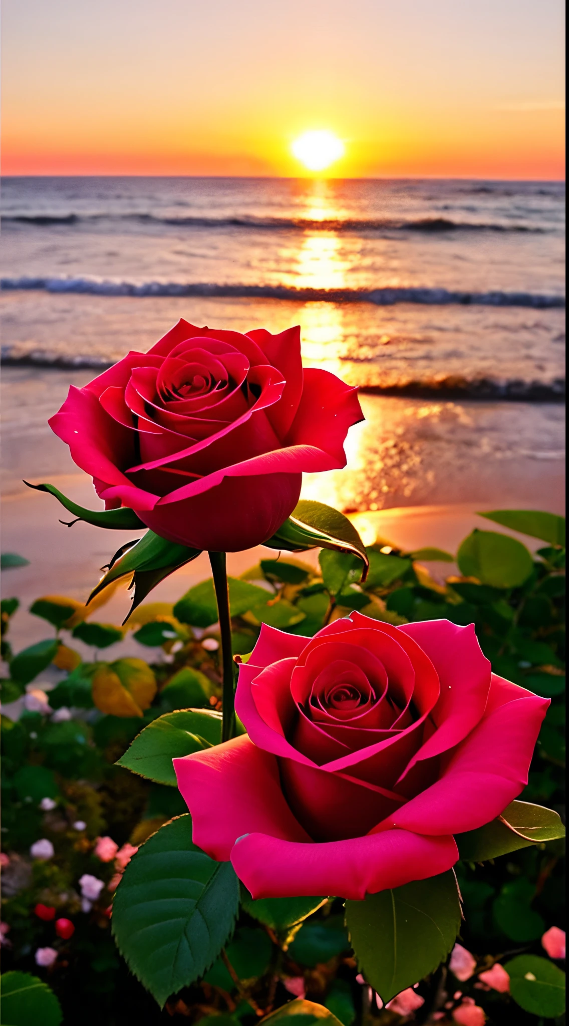 Close-up shot, a rose flower, the background is the gorgeous sunset by the sea, real texture, warm