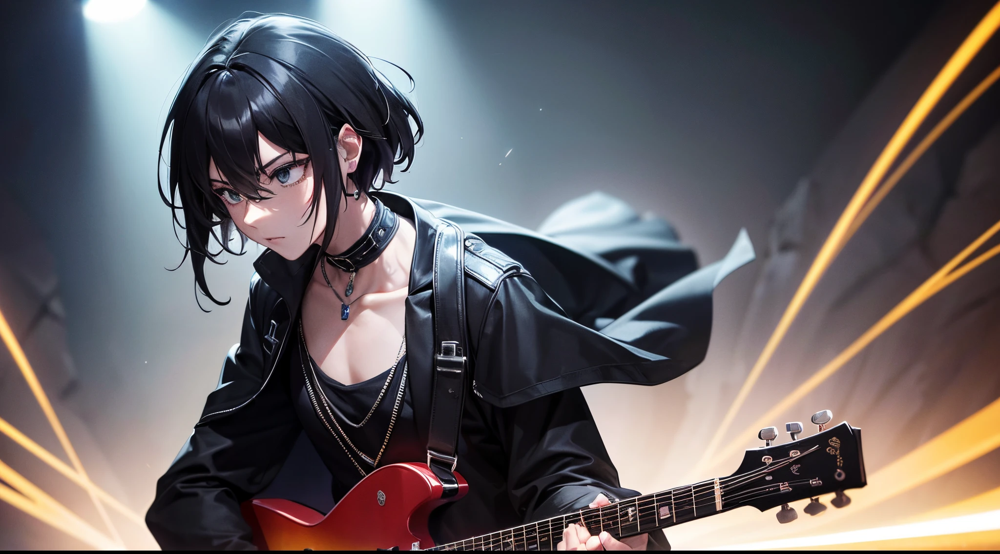 "This breathtaking photo captures a moment, When an electric guitarist, Dressed in a stunning black cape in a rock look, Dominates the stage. His gaze is filled with passion, Hands deftly run along the neck of the guitar, expressing the power and energy of music. Stage light burns through the dark contours of its silhouette, creating an atmosphere of mystery around it. Every string of the guitar seems to sound in unison with the heartbeat of the crowd, immersing everyone in the atmosphere of a unique rock show. At this point, the electric guitarist becomes a source of inspiration and musical magic, creating a unique picture of passion and rock energy on stage."