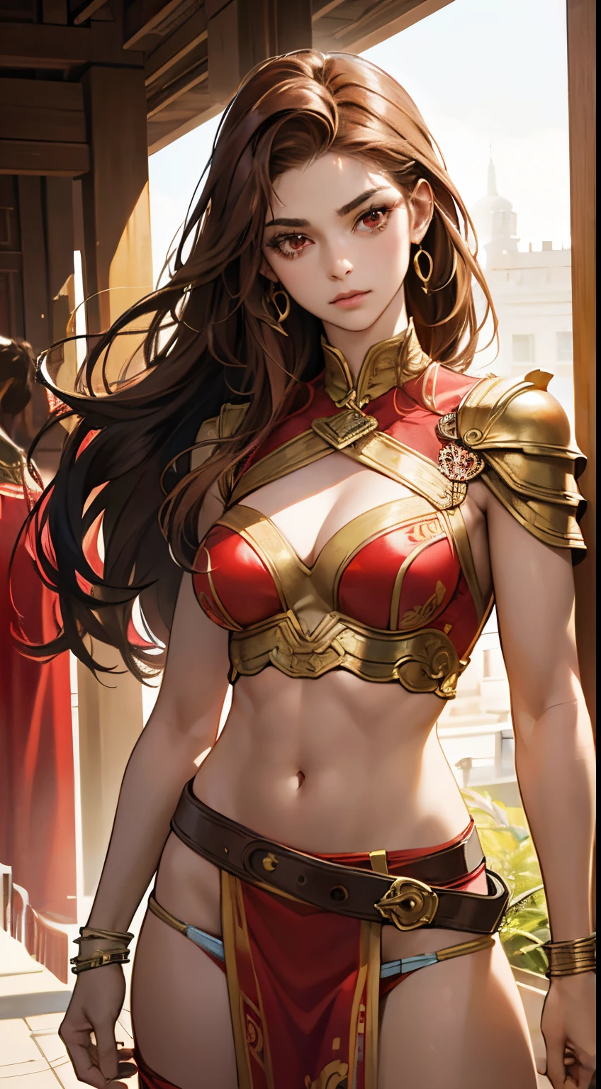 hiquality、high-level image quality、Real Tick、Delicately expresses realistic smooth skin texture down to the smallest detail、Expressing realistic muscle texture、Female Warrior、Gladiator、well-trained muscular body、sharp eye、glares、Red Eyes、tanned brown skin、Dark brown long hair、Intricately decorated chest plate、Navel Ejection、Leather Belt、leather grove、red long loincloth、Gladiator、Triumphant look、Cool Woman、red and brown gradient background、Character inspired by bullfighting、Image Color:Brownish