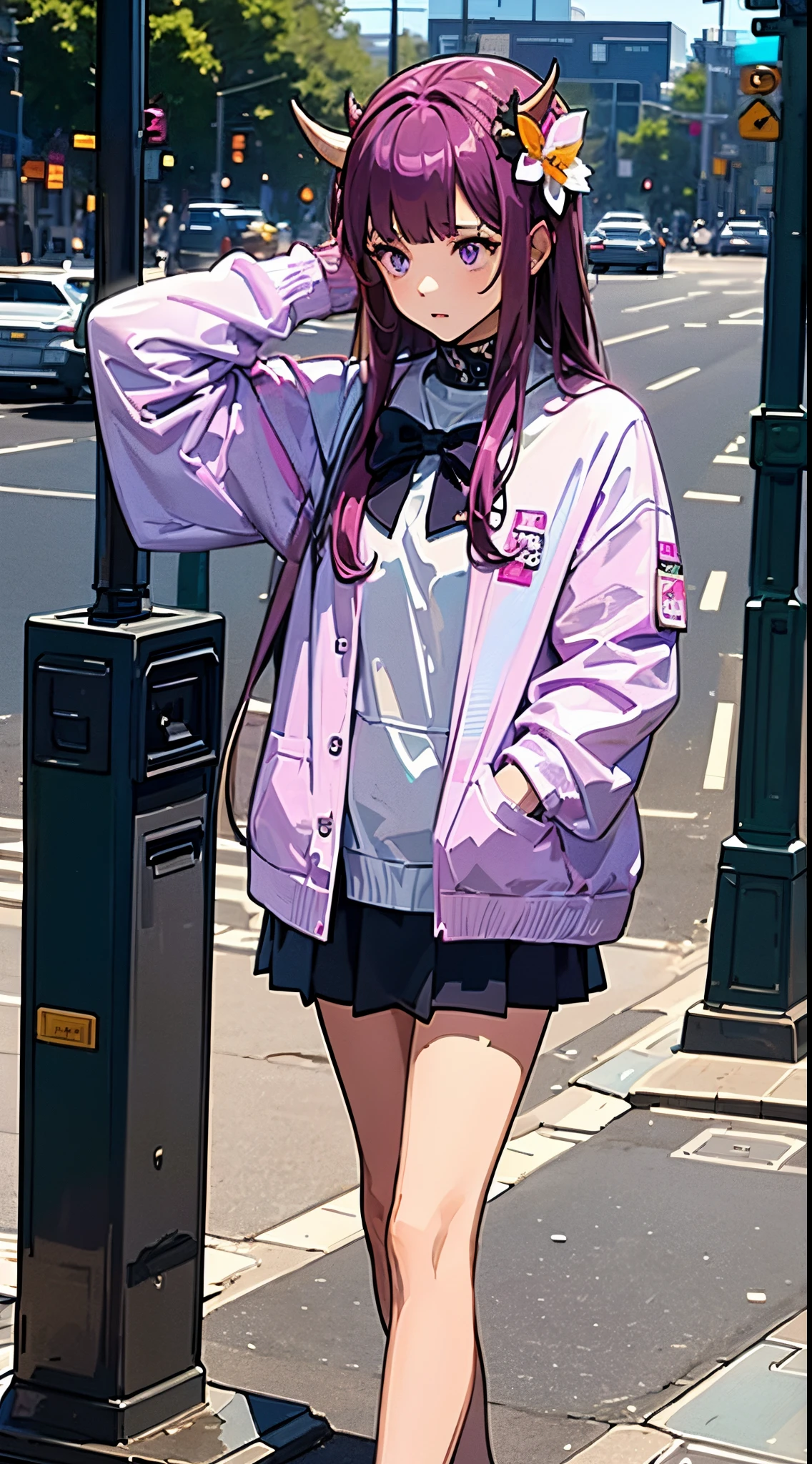 tmasterpiece, Best quality at best, A high resolution, hmsl1, Horned headdress, hairflower, x hair ornamen, whitesweater, purple jacket, florals, longer sleeves, Open your clothes, Black bow, The sleeve exceeds the wrist, a skirt, cow boy shot, Outdoor activities, the street, Permanent