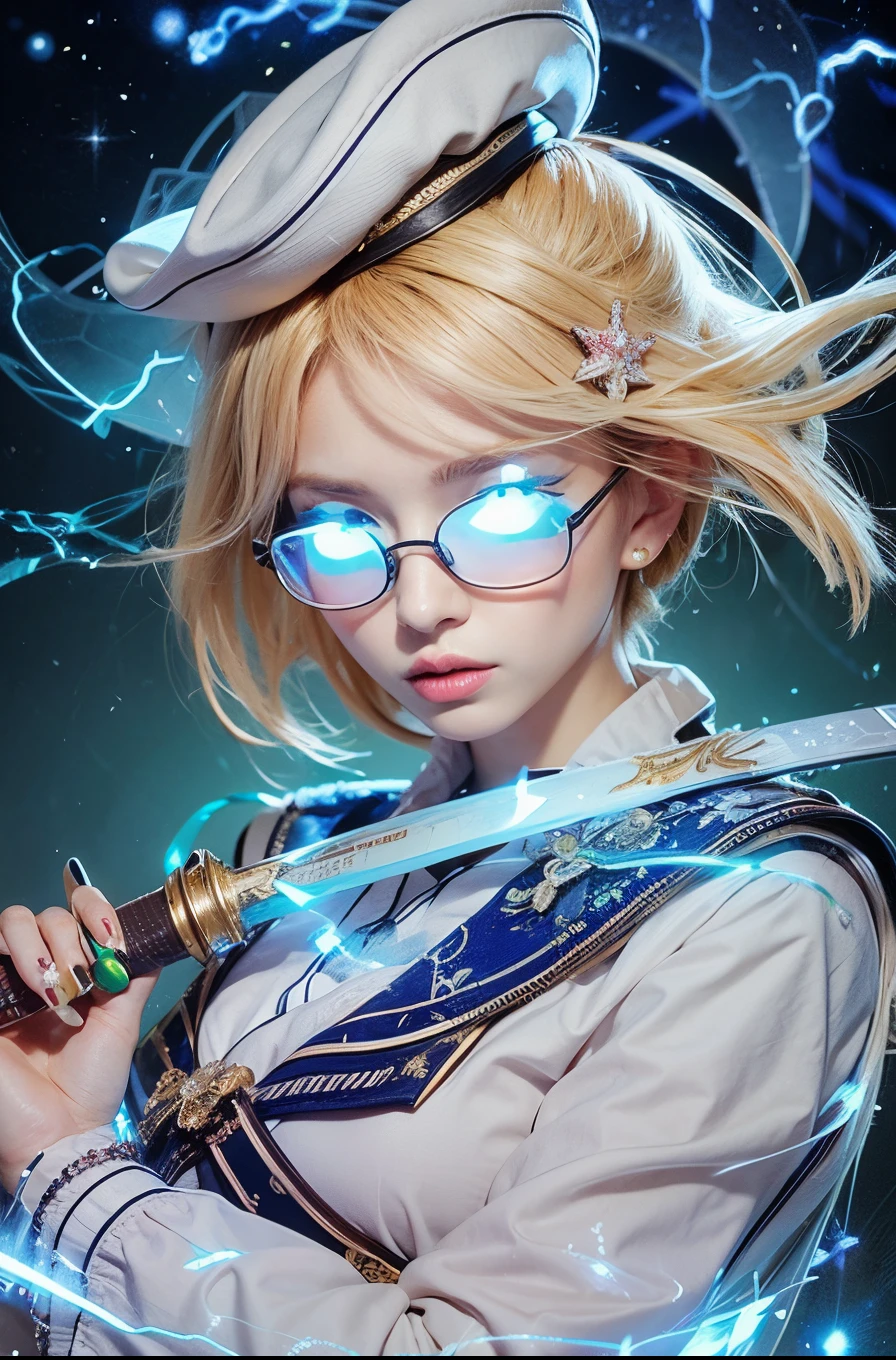 beautiful women, blonde hair, white hat, wearing uniform, hold a katana, using glasses, have lighting effect particle
