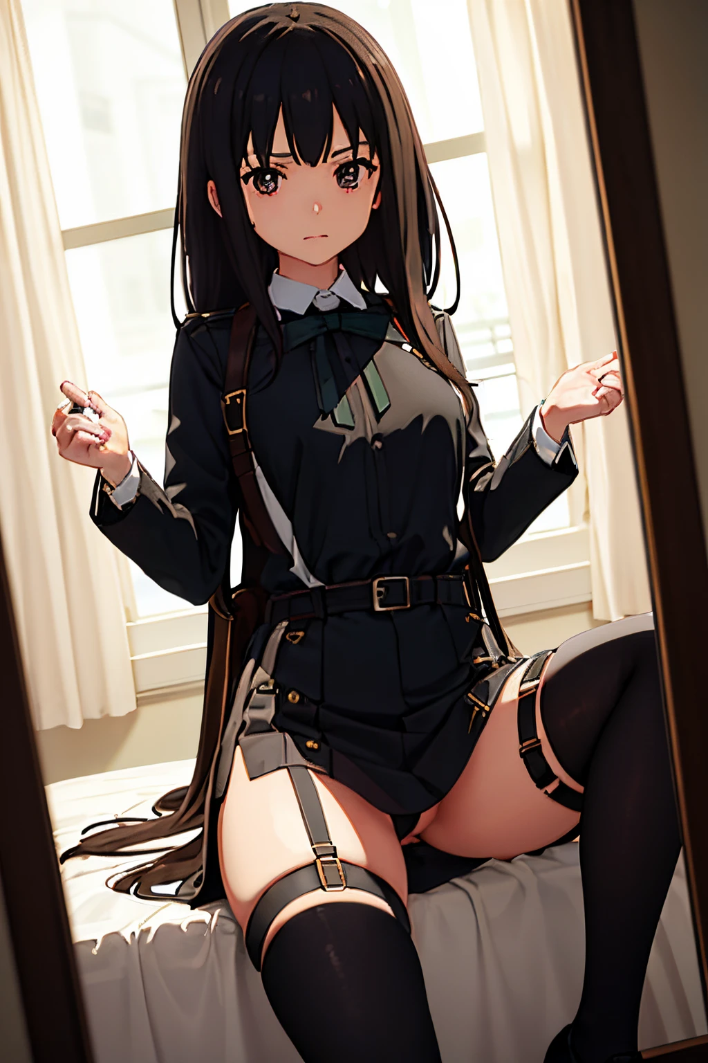 masterpiece、flat-colors、depth of fields、lens flare 1 girl、、Brown hair、watching at viewers black suspenders big breasts walls: Black miniskirt garters Gaze Small face bangss holster Belt Armament Beautuful Women srestrained hands up Lying in bed Leg holster lying on the bed