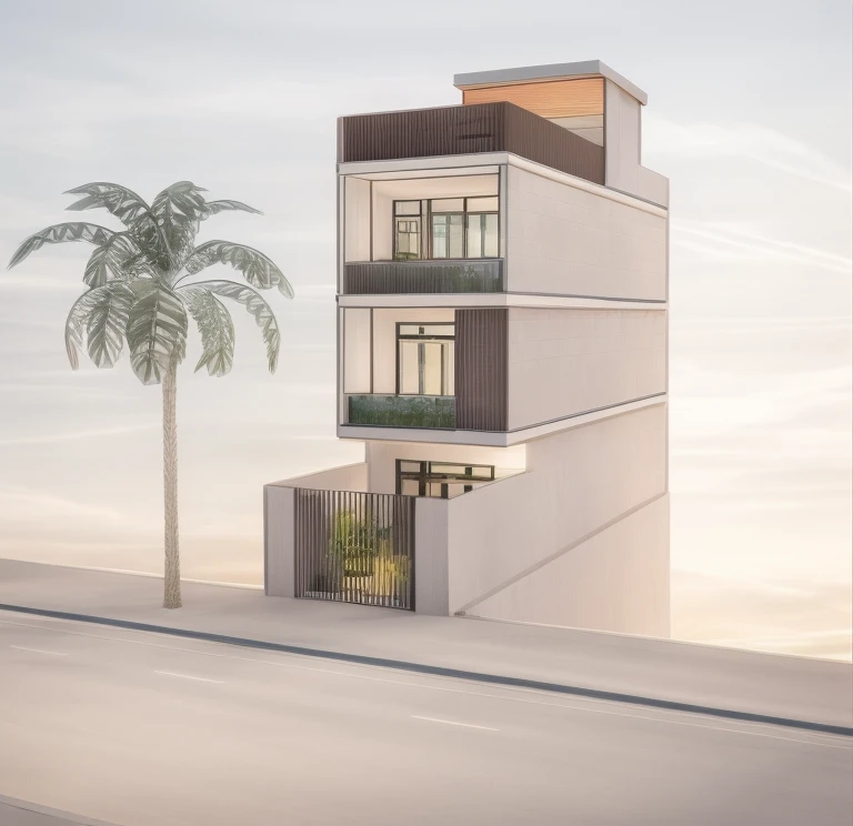 a drawing of a tall building with a palm tree in front of it, architectural illustration, in style of simplified realism, architectural concept, with palm trees in the back, concept drawing, from street level, stylised illustration, house illustration, architecture drawing, cartoonish and simplistic, architectural sketch, architectural drawing, detailed digital illustration, inspired by Ricardo Bofill