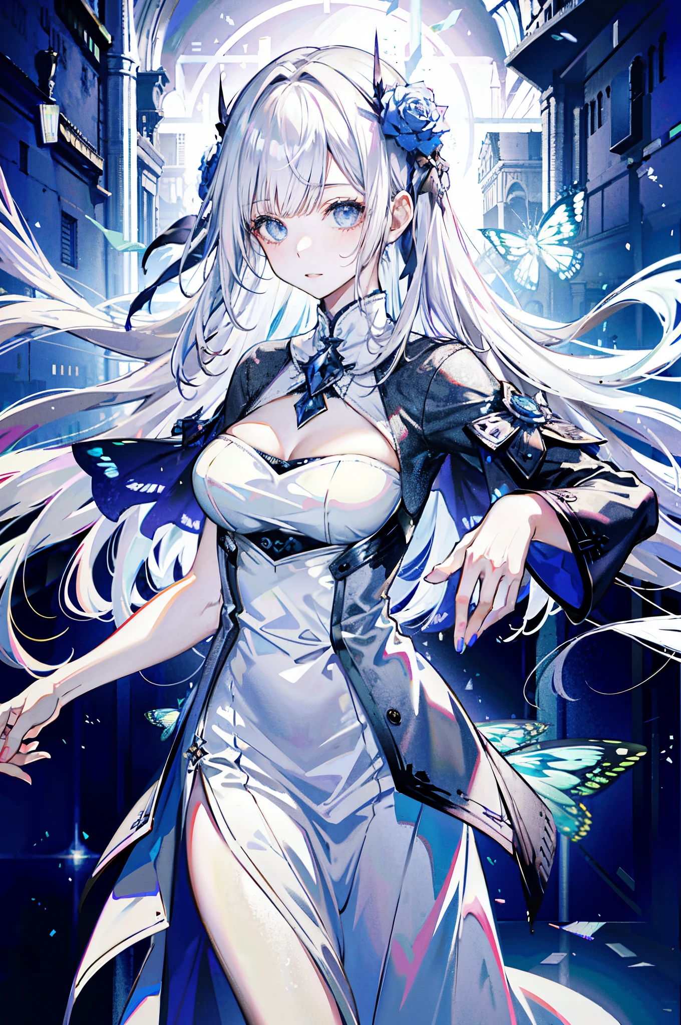 silber hair,butterflys,Long gray hair,8k wallpaper,detailedbackground,Highest resolution,Deep V large breasts,With long bangs,Church background,Rose blanche,Tight,themoon,White dress