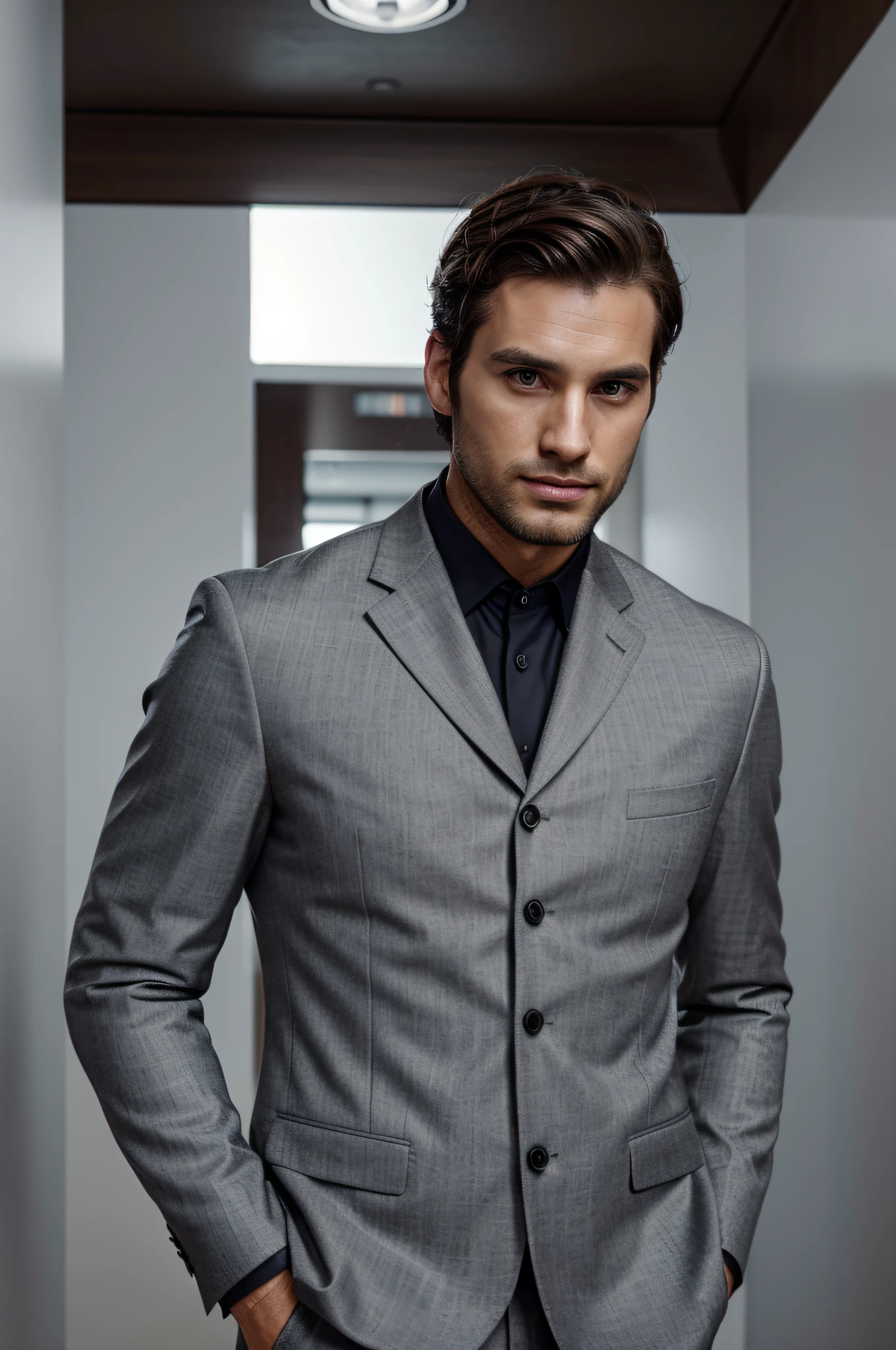 attractive 30 year old man in Hugo boss business suit , Belle barbe , Executive Sexy Man, Terno donc, Front camera focus, mode portrait, perfectly straight in front of the camera,short cut hair