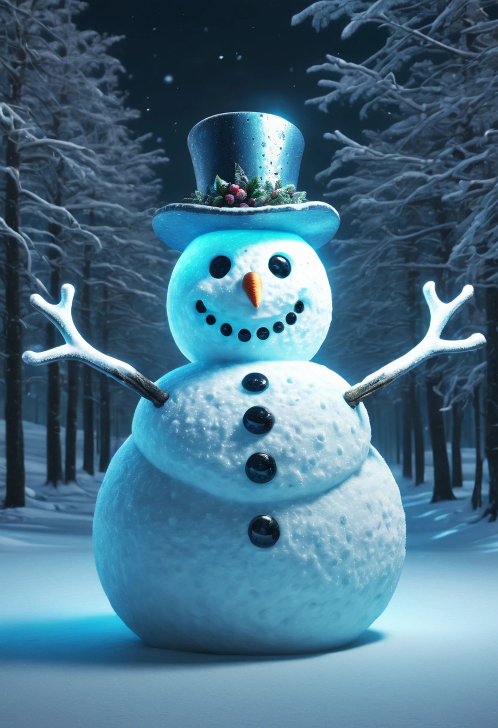 a luminous and bioluminescent snowman brought to life with realistic and intricate details, The symmetrical composition reveals glitched and binary elements, adding a touch of digital enchantment to this winter wonderland creation., Realism, god rays, ray tracing, textured skin, best quality, highres, 16k