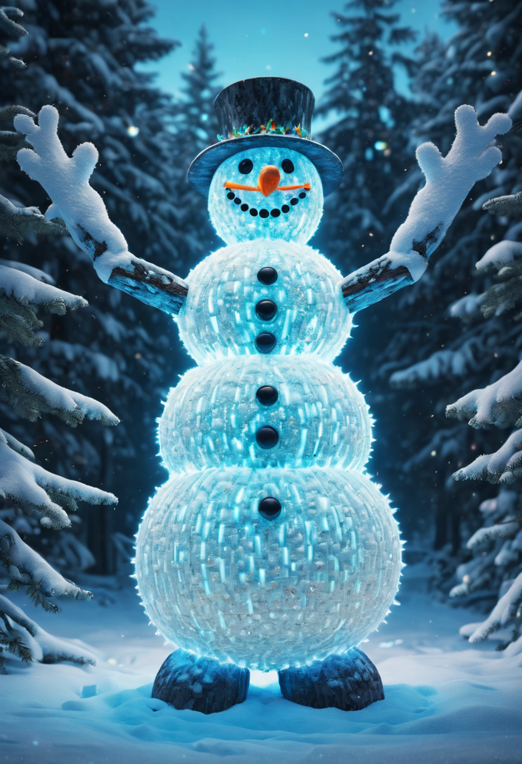 a luminous and bioluminescent snowman brought to life with realistic and intricate details, The symmetrical composition reveals glitched and binary elements, adding a touch of digital enchantment to this winter wonderland creation., Realism, god rays, ray tracing, textured skin, best quality, highres, 16k
