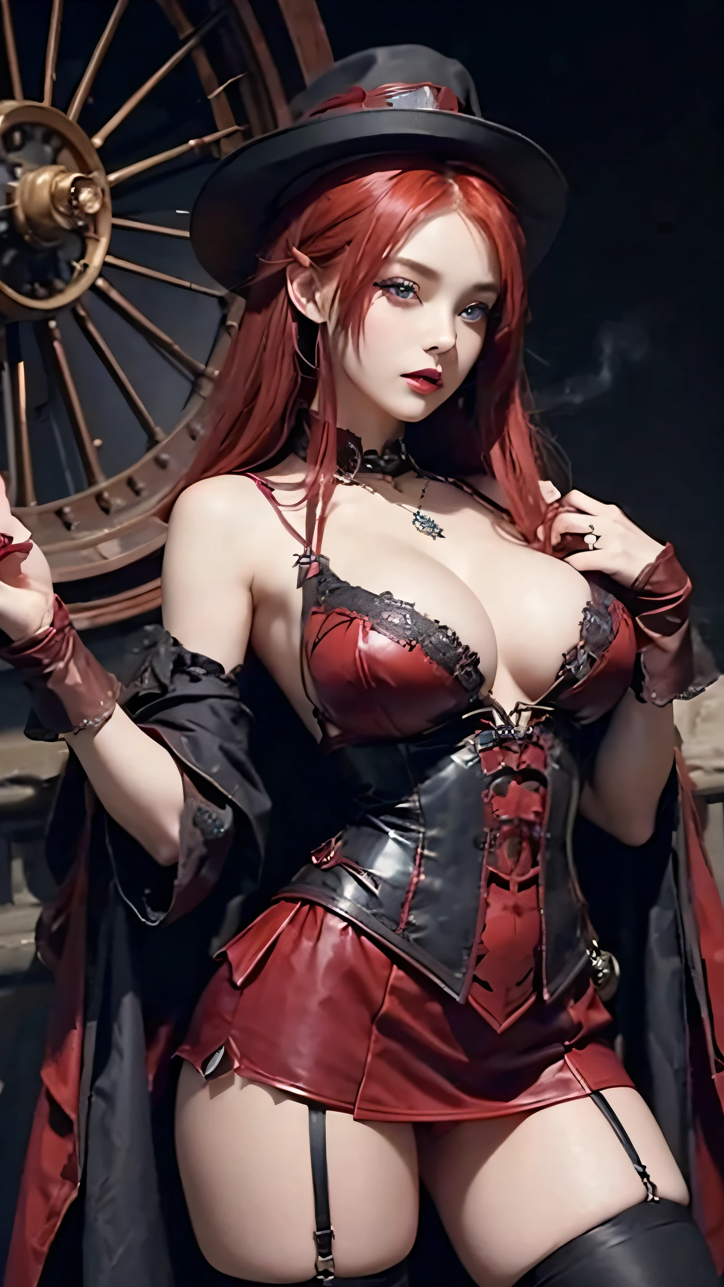 steampunc、Gothic fashion、Blue eyes、Red lips、red hairs、cleavage of the breast、beauty legs、thighs thighs thighs thighs、Seduction Pose、Crimson Cloak、Gothic dresses、micromini skirt、White lace shorts、Cameltoe、Fantasy space、Steam engines、Watches、gear wheel、Background full of gears
