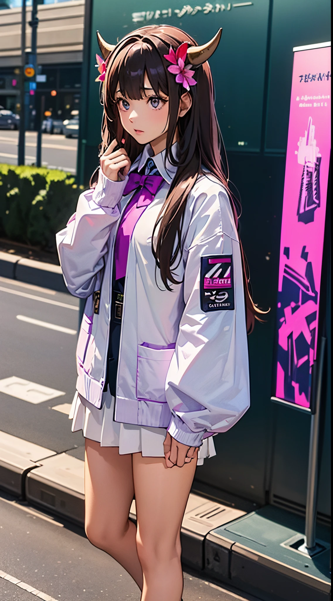 tmasterpiece, Best quality at best, A high resolution, hmsl1, Horned headdress, hairflower, x hair ornamen, whitesweater, purple jacket, florals, longer sleeves, Open your clothes, Black bow, The sleeve exceeds the wrist, a skirt, cow boy shot, Outdoor activities, the street, Permanent