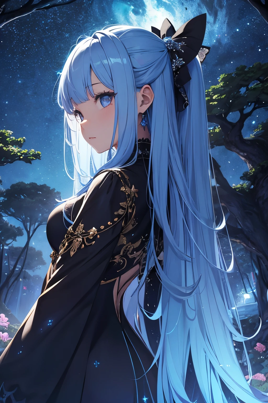 masterpiece、Background with((starrysky、Meteor swarm、black hole))、Depth((Huge fantastic tree、It's glowing.、plants、城市))、a beauty girl、Rear view、Looking up、poneyTail、lightblue hair
