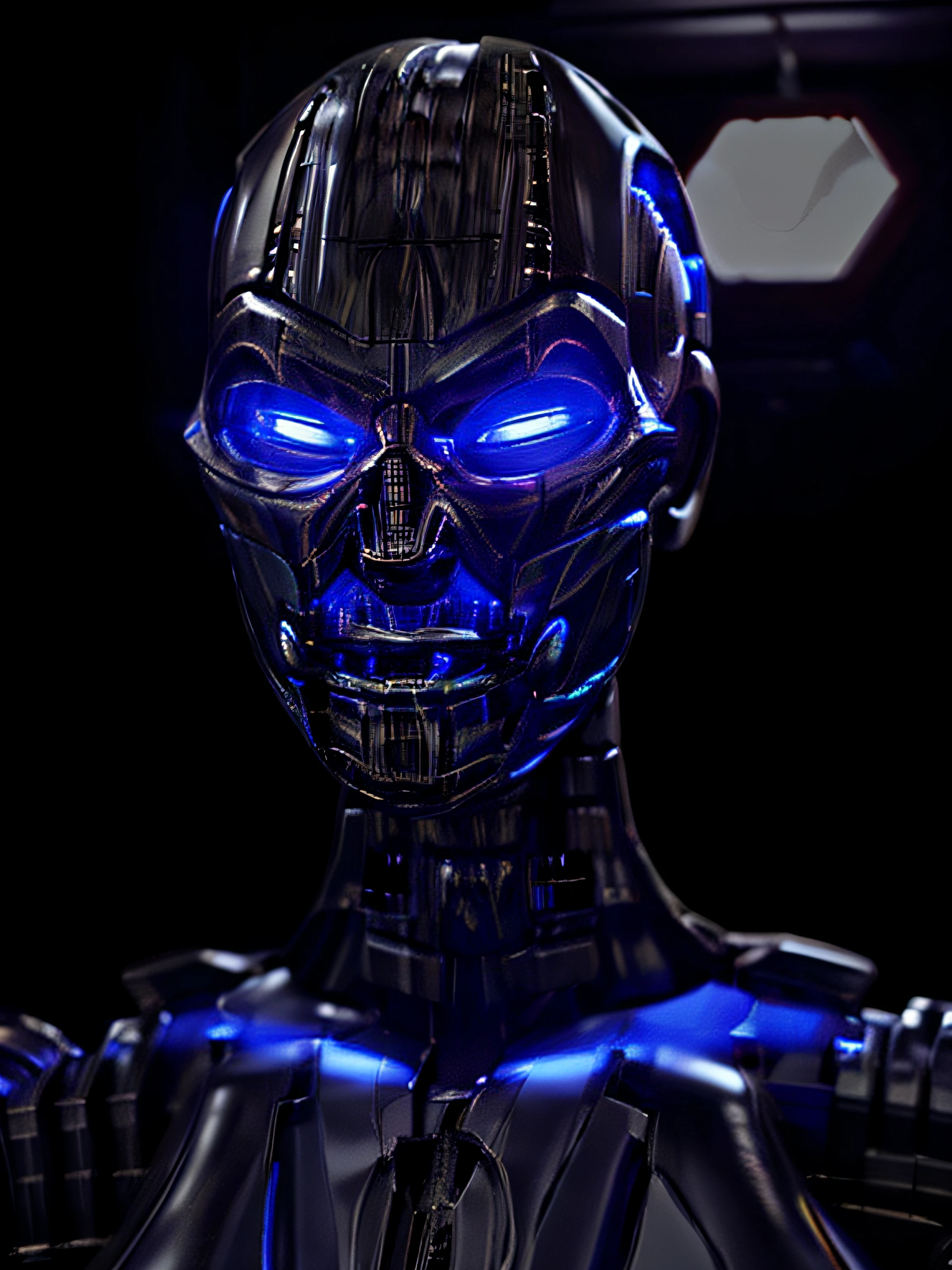 dark lighting, T-X endoskeleton glowing blue, nighttime, ultra realistic, very high quality, endoskeleton, (T-X Endoskeleton:1.2), detailed T-X, ultrarealistic T-X, photorealistic, (deep focus:1.0), very detailed, sharp details, detailed environment, ultra HD, 8K