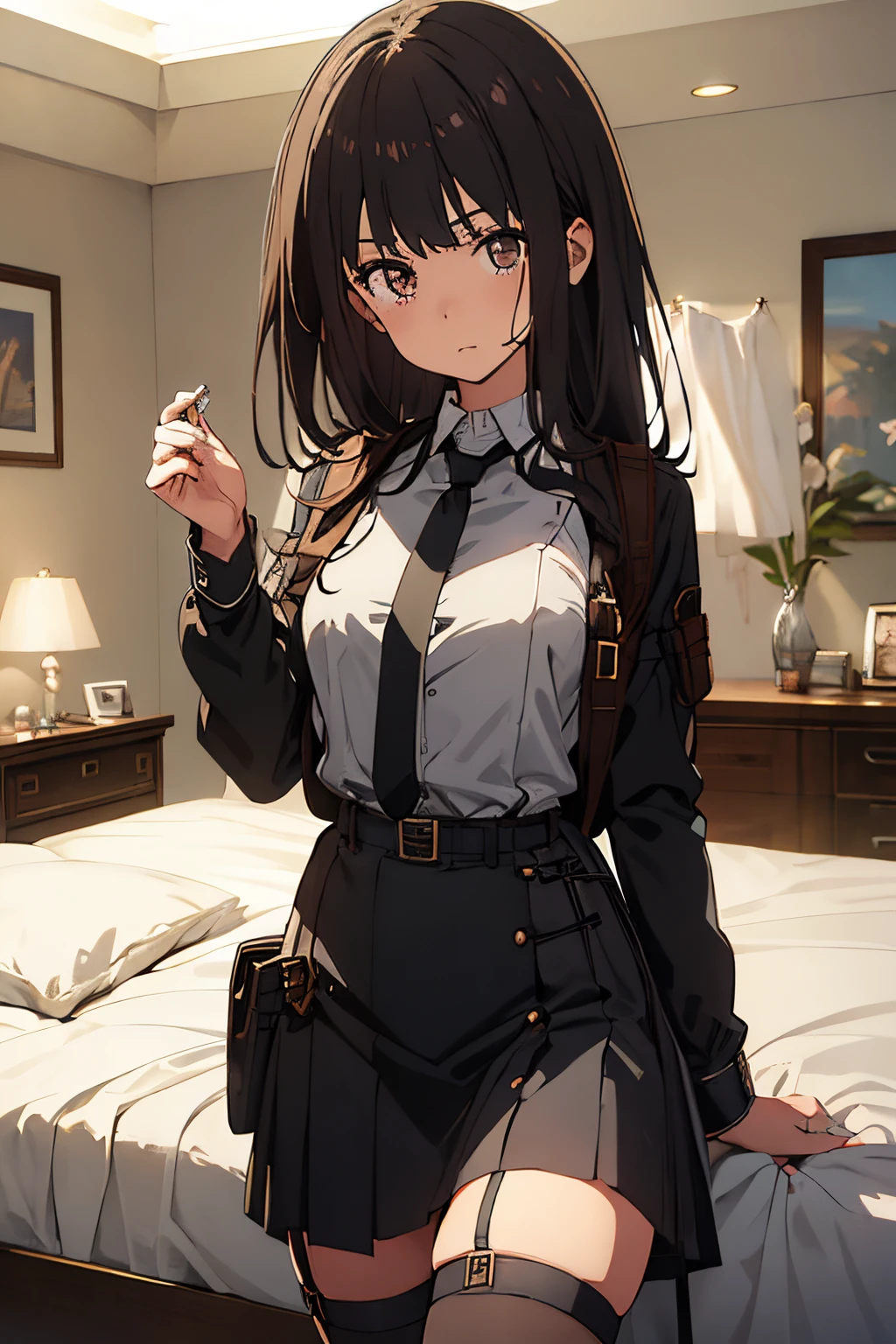 ​masterpiece、flat-colors、depth of fields、lens flare 1 girl、、Brown hair、watching at viewers　　　black suspenders　　　big breasts　　　 　 　　　walls: 　Black miniskirt　garters　　　　　　Gaze　　　Small face　bangss 　　　holster　　Belt Armament　Beautuful Women　srestrained　hands up　Lying in bed　Leg holster lying on the bed