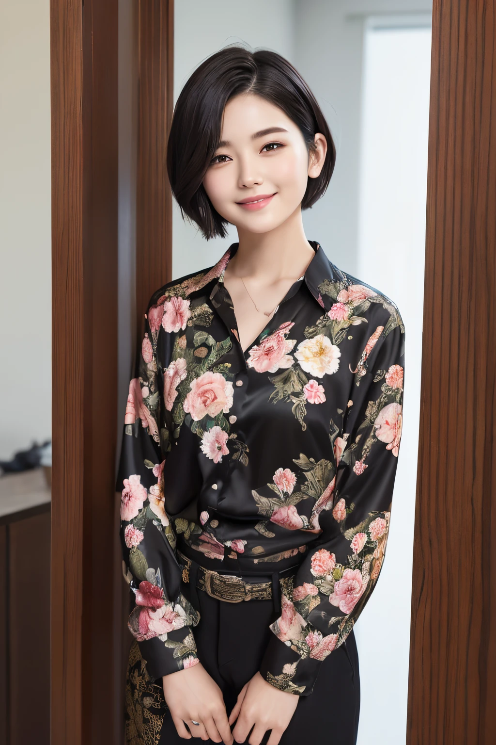 93
(a 20 yo woman,is standing), (A hyper-realistic), (masutepiece), ((short-hair:1.46)), (Smooth black hair), wear long pants, (Wear a long-sleeved floral shirt), (Painterly、picture frame), (Gentle smile), (Keep your mouth shut)