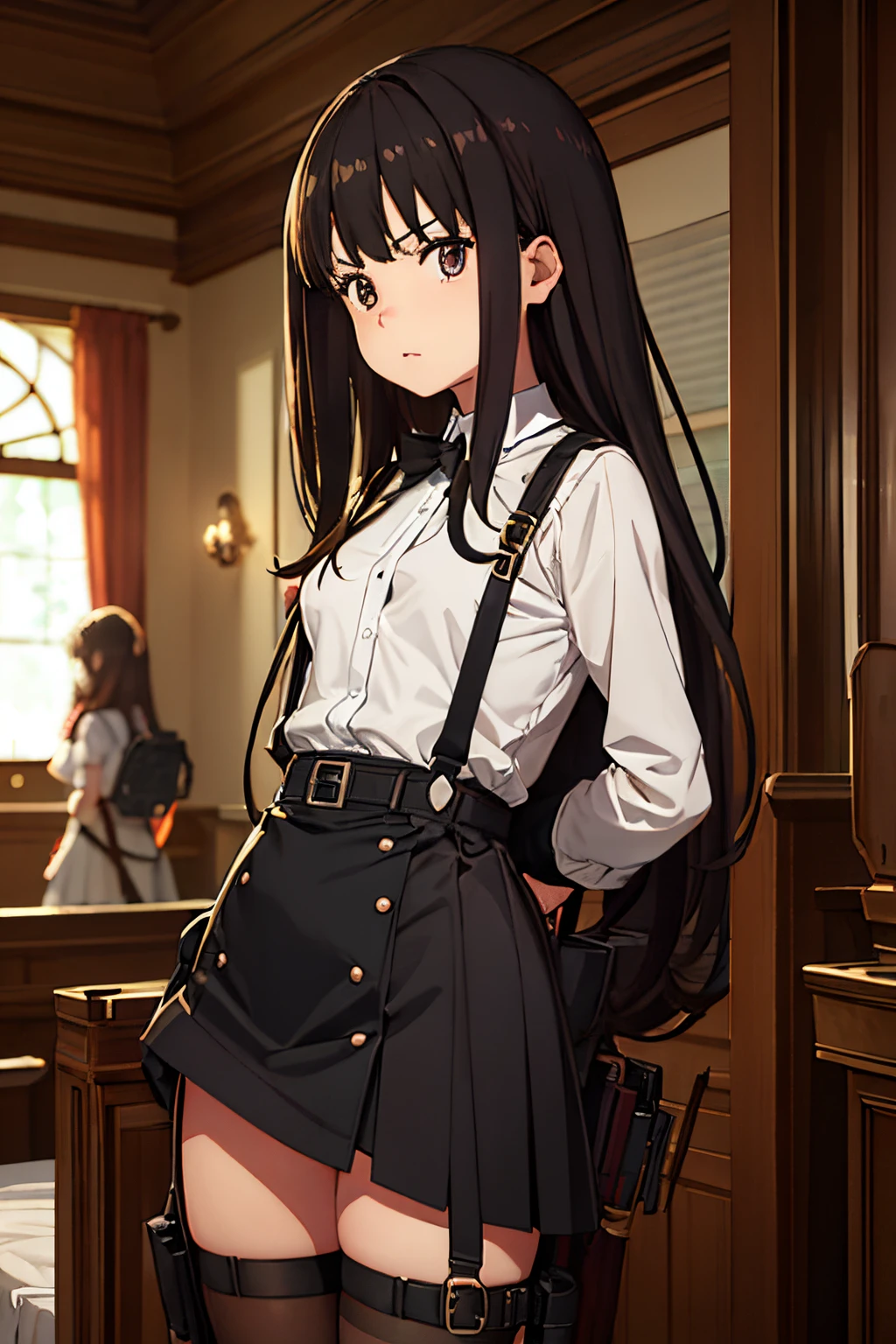 masterpiece、flat-colors、depth of fields、lens flare 1 girl、、Brown hair、watching at viewers black suspenders big breasts walls: Black miniskirt garters Gaze Small face bangss holster Belt Armament Beautuful Women srestrained hands up Lying in bed Leg holster lying on the bed