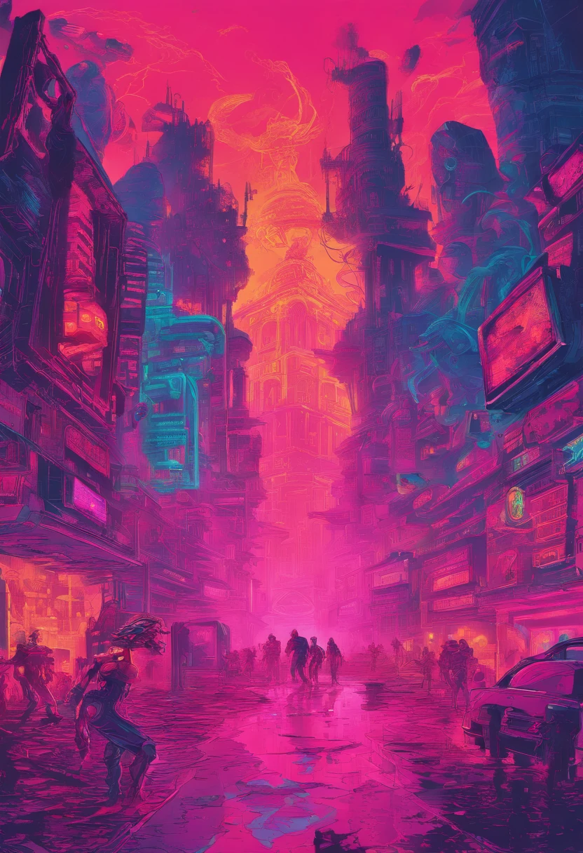horror scene from a movie, giant tall scary ghost figures semi transparent apparitions floating and flying, smoke on the floor,  in hell , busy crowd running away